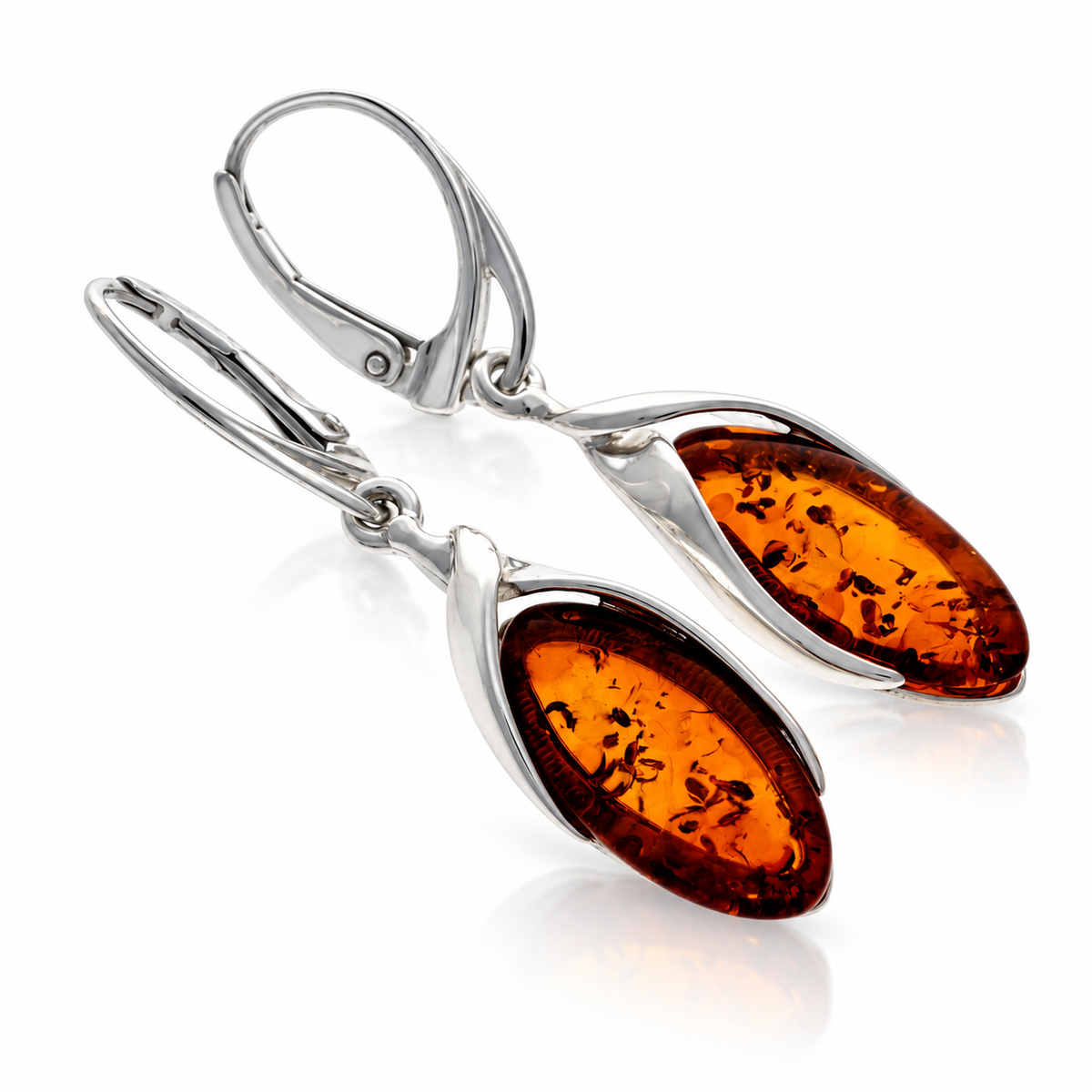 925 Sterling Silver & Genuine Baltic Amber Classic Dangle Earrings - BS015