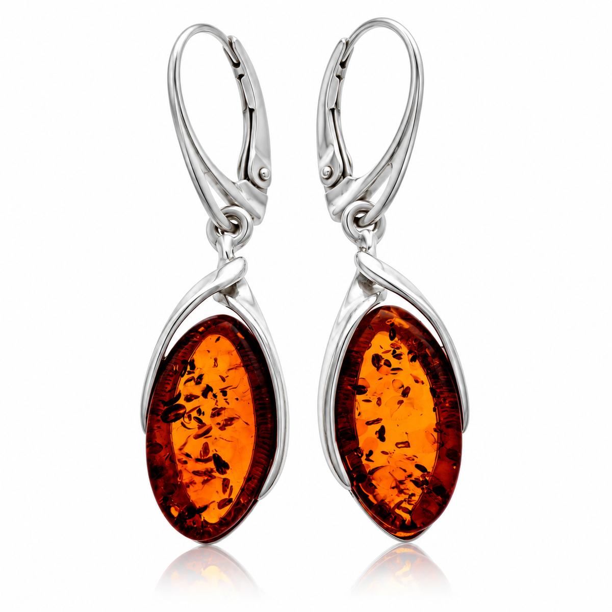 925 Sterling Silver & Genuine Baltic Amber Classic Dangle Earrings - BS015
