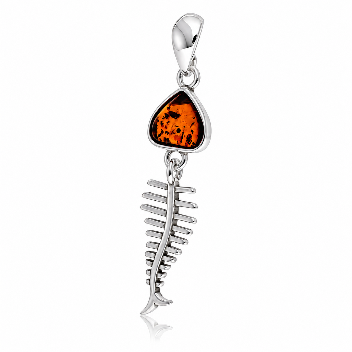 925 Sterling Silver & Genuine Baltic Amber Skeleton Fish Bone Pendant - BS208