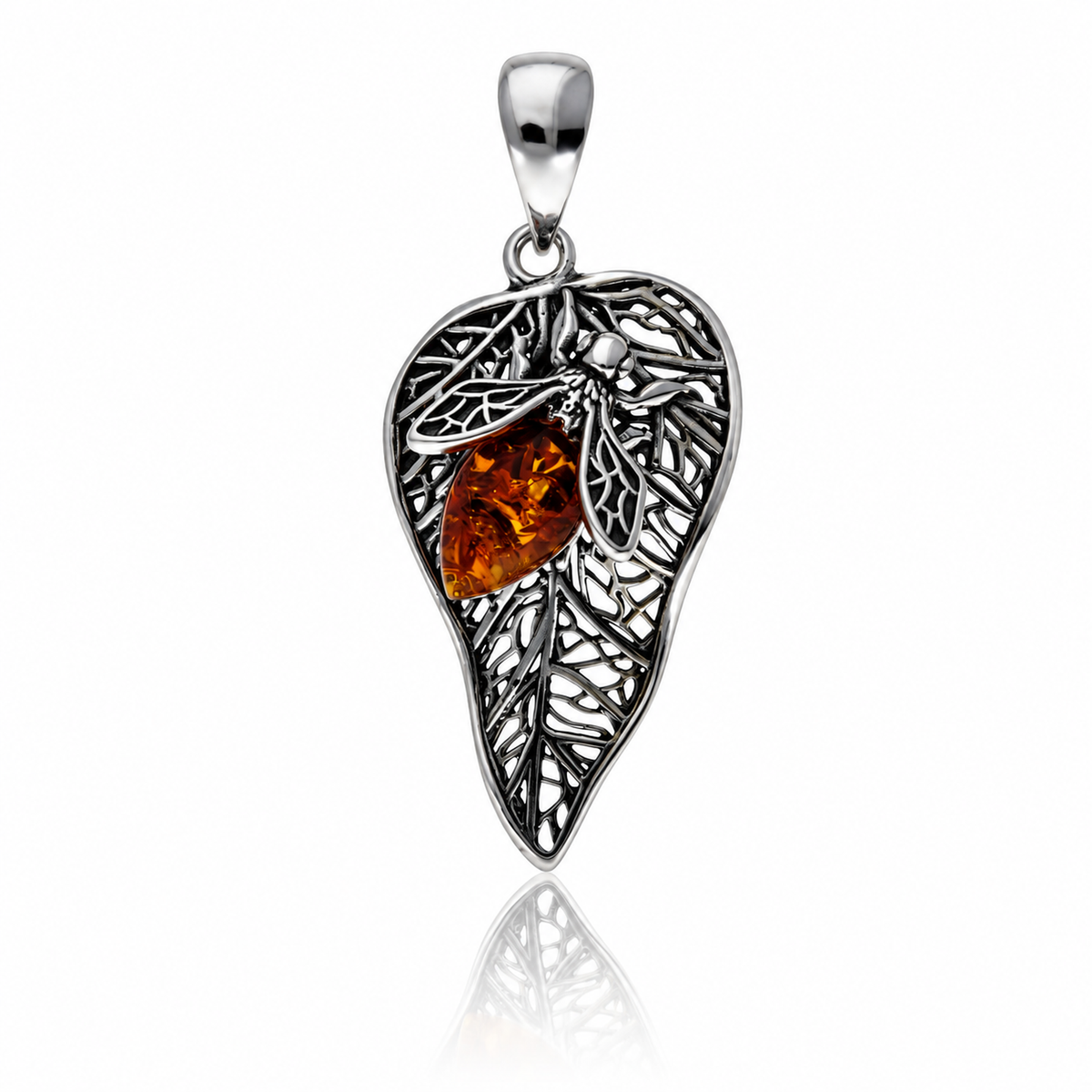 925 Sterling Silver & Genuine Baltic Amber Autumn Leaf Pendant - BS212