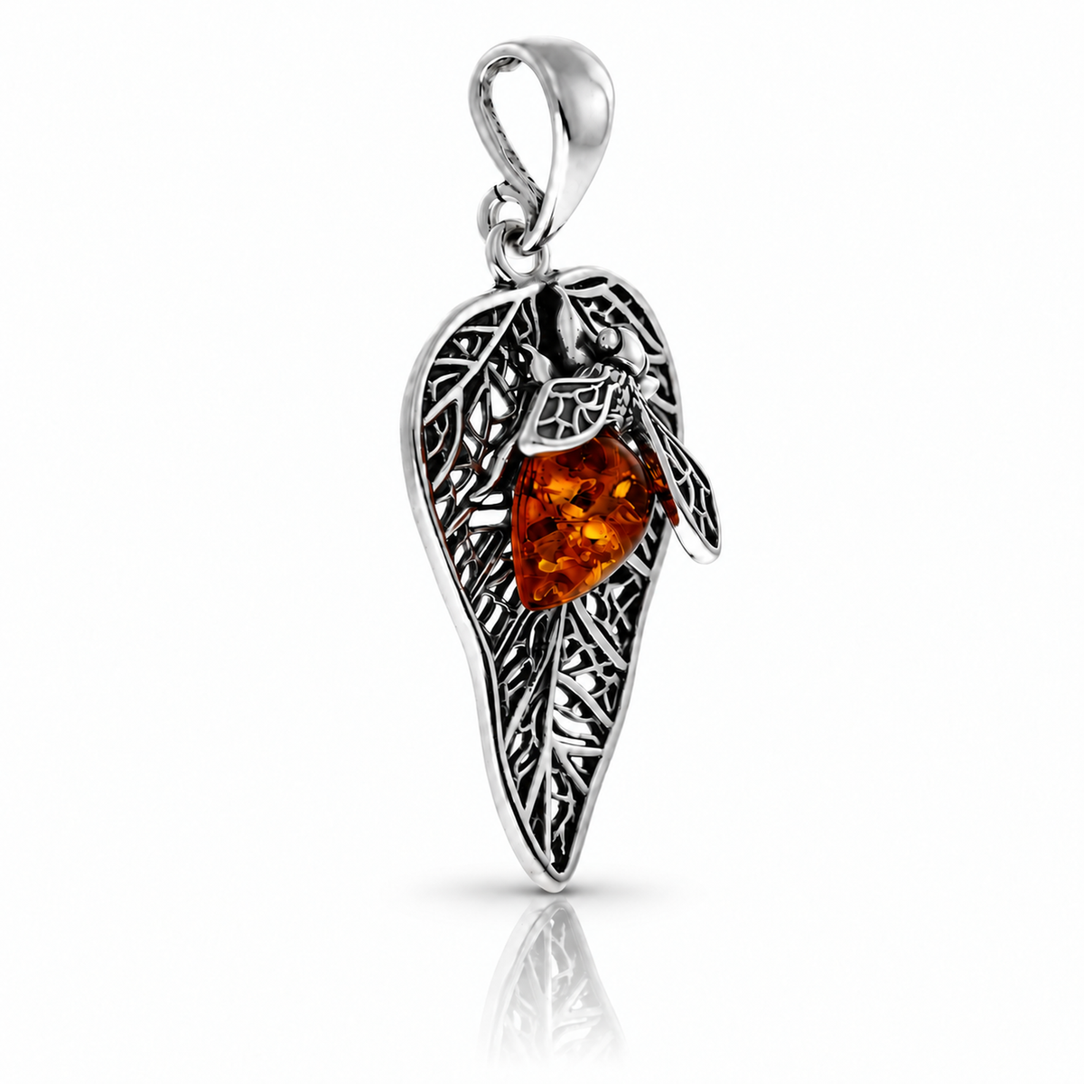 925 Sterling Silver & Genuine Baltic Amber Autumn Leaf Pendant - BS212
