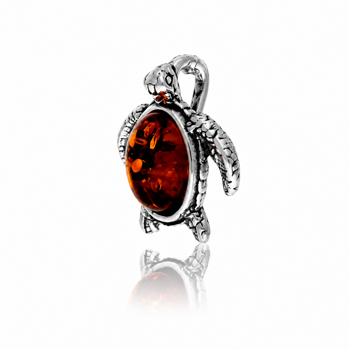 925 Sterling Silver & Genuine Baltic Amber Turtle Pendant - BS214
