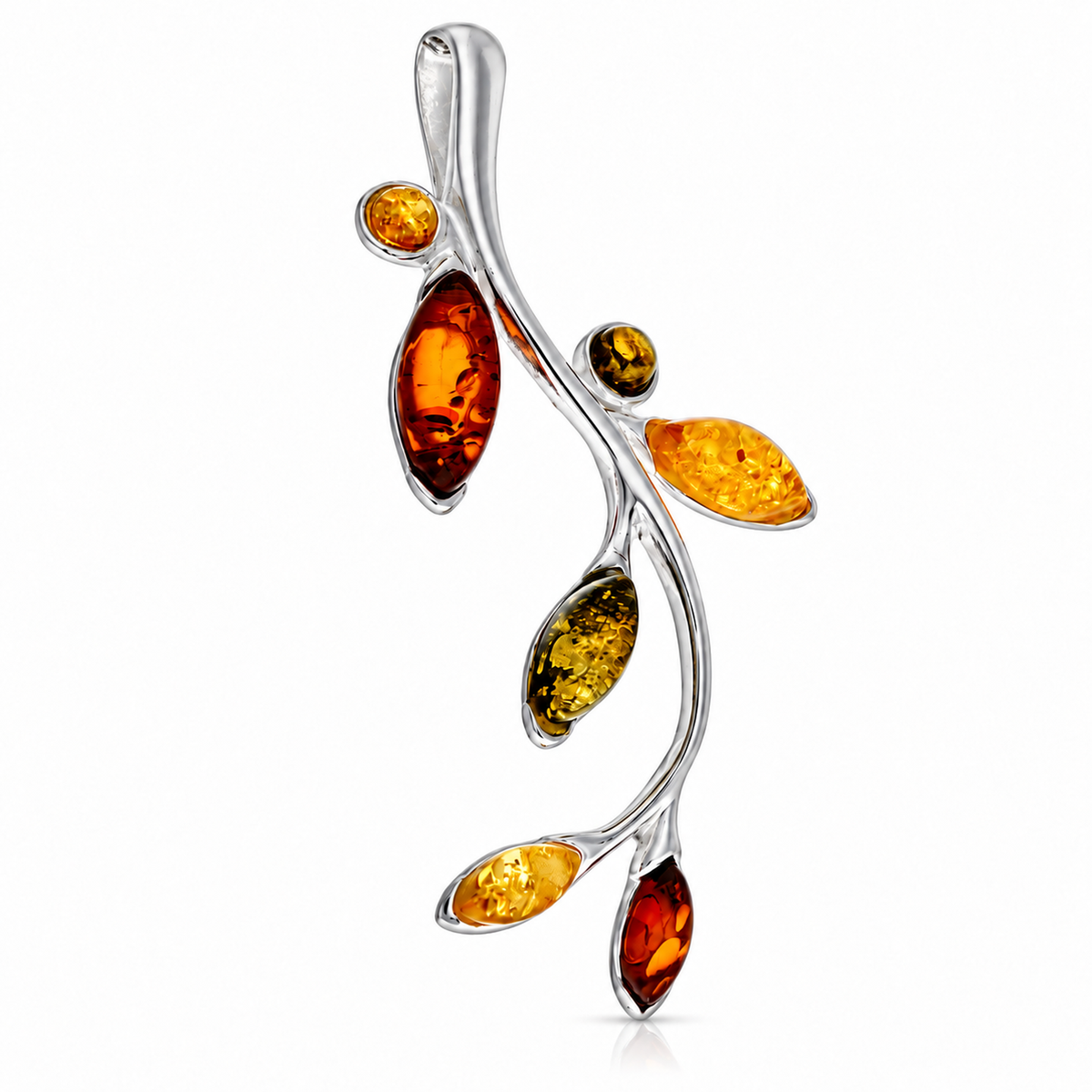 925 Sterling Silver & Genuine Baltic Amber Branch and Leaves Pendant - BS216