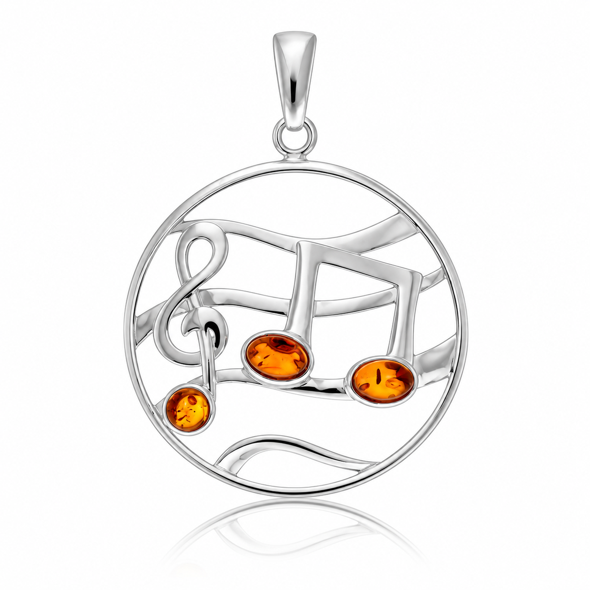 925 Sterling Silver & Genuine Baltic Amber Musical Symbols Pendant - BS217