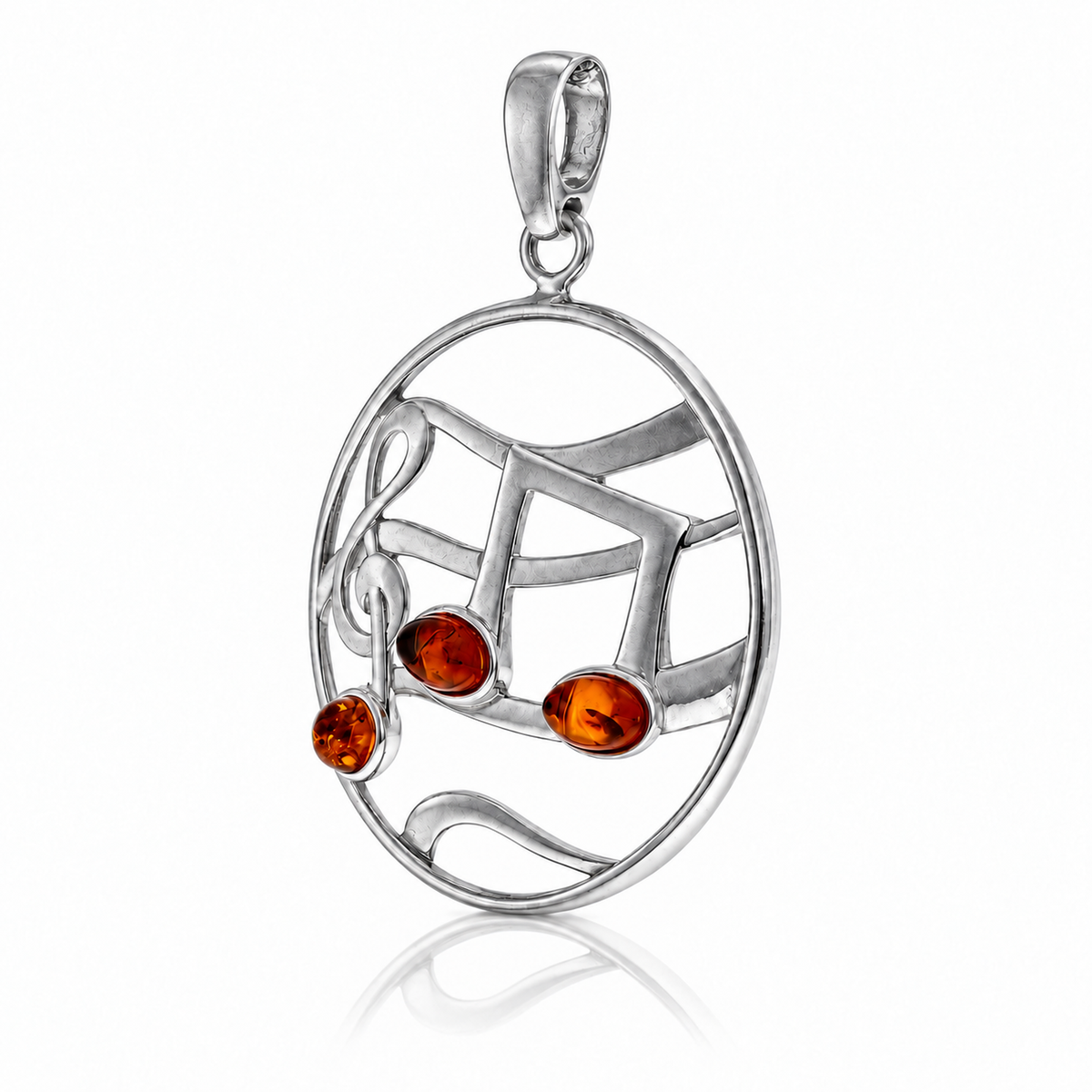 925 Sterling Silver & Genuine Baltic Amber Musical Symbols Pendant - BS217