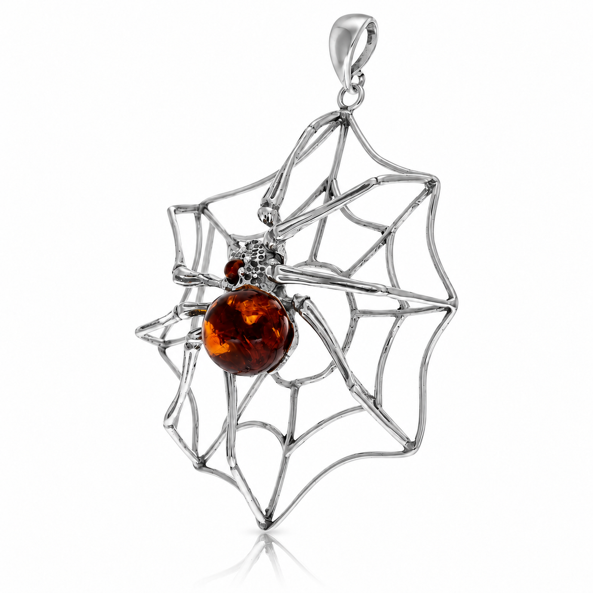 925 Sterling Silver & Genuine Baltic Amber Spider on the Web Pendant - BS218