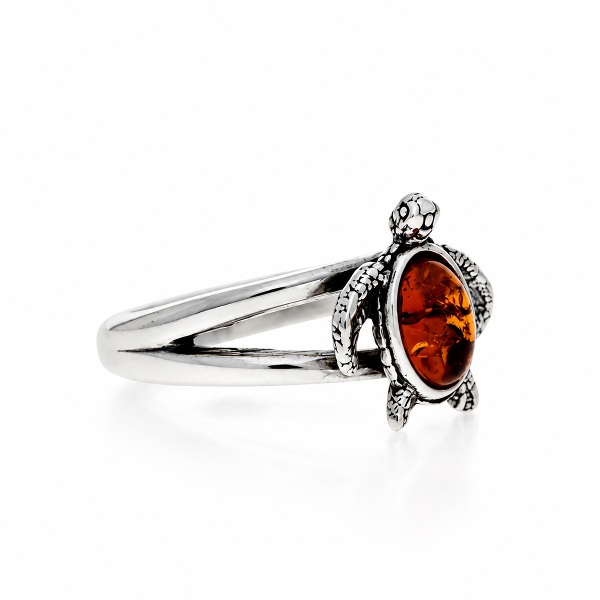 925 Sterling Silver & Genuine Baltic Amber Turtle Adjustable Ring - BS400