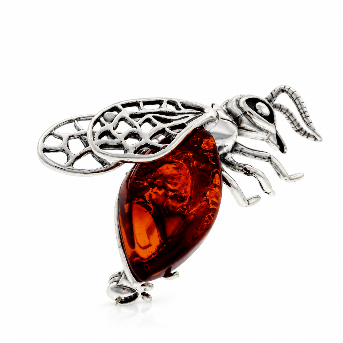 925 Sterling Silver & Genuine Baltic Amber Large Amber Bee Brooch - BS800