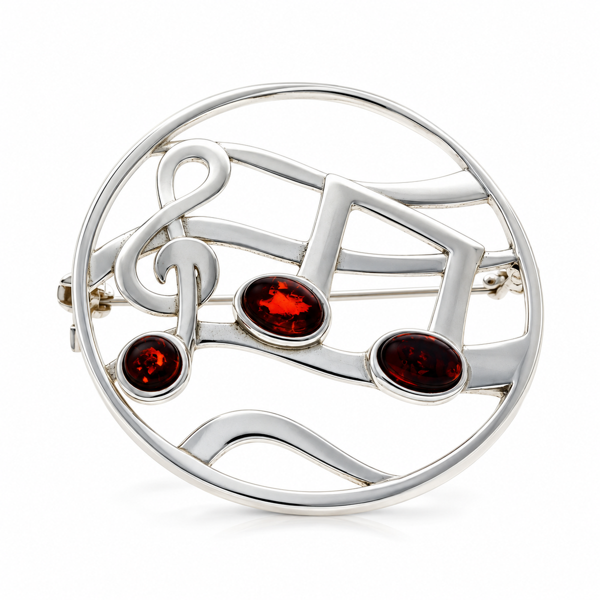 925 Sterling Silver & Genuine Baltic Amber Musical Symbols Brooch - BS801