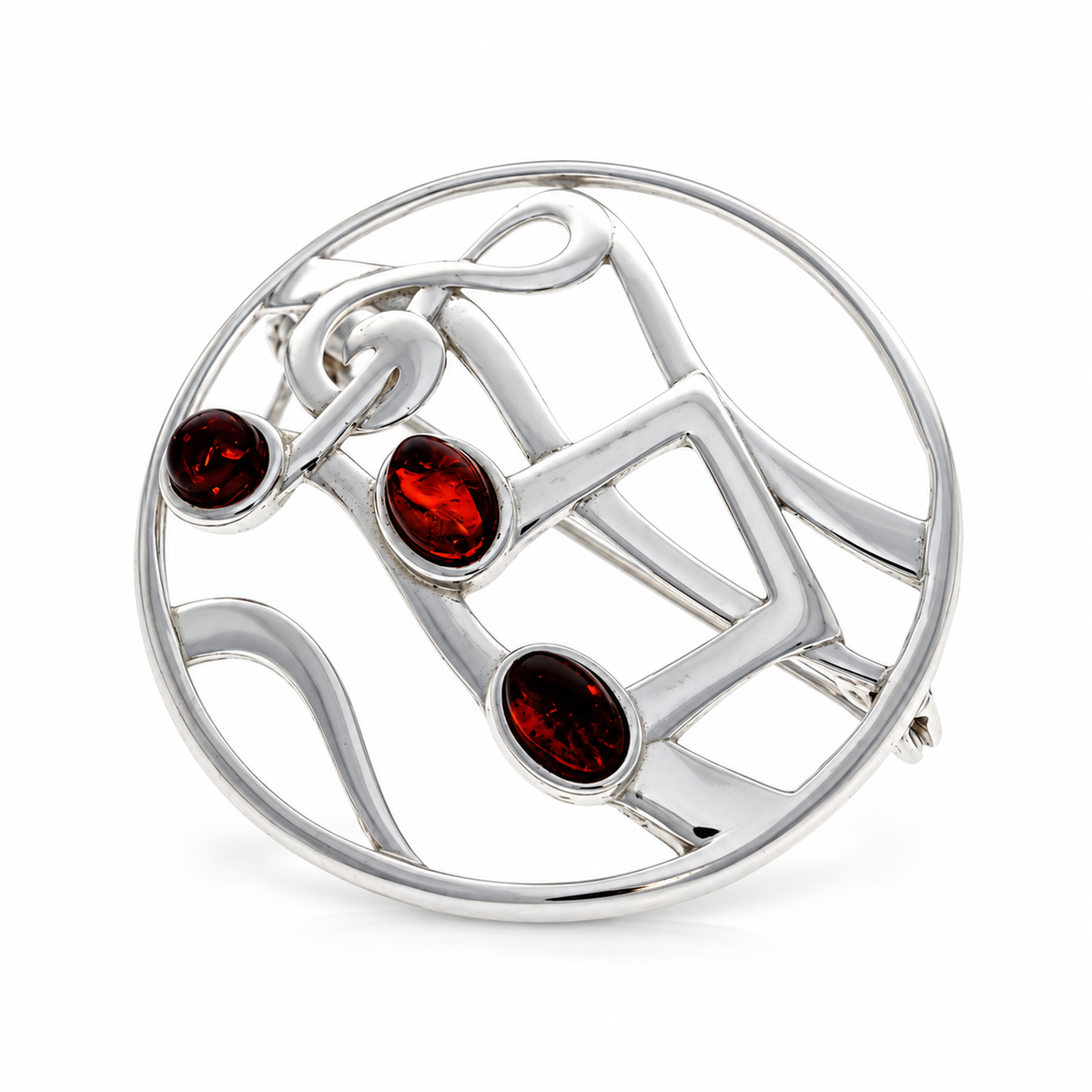 925 Sterling Silver & Genuine Baltic Amber Musical Symbols Brooch - BS801