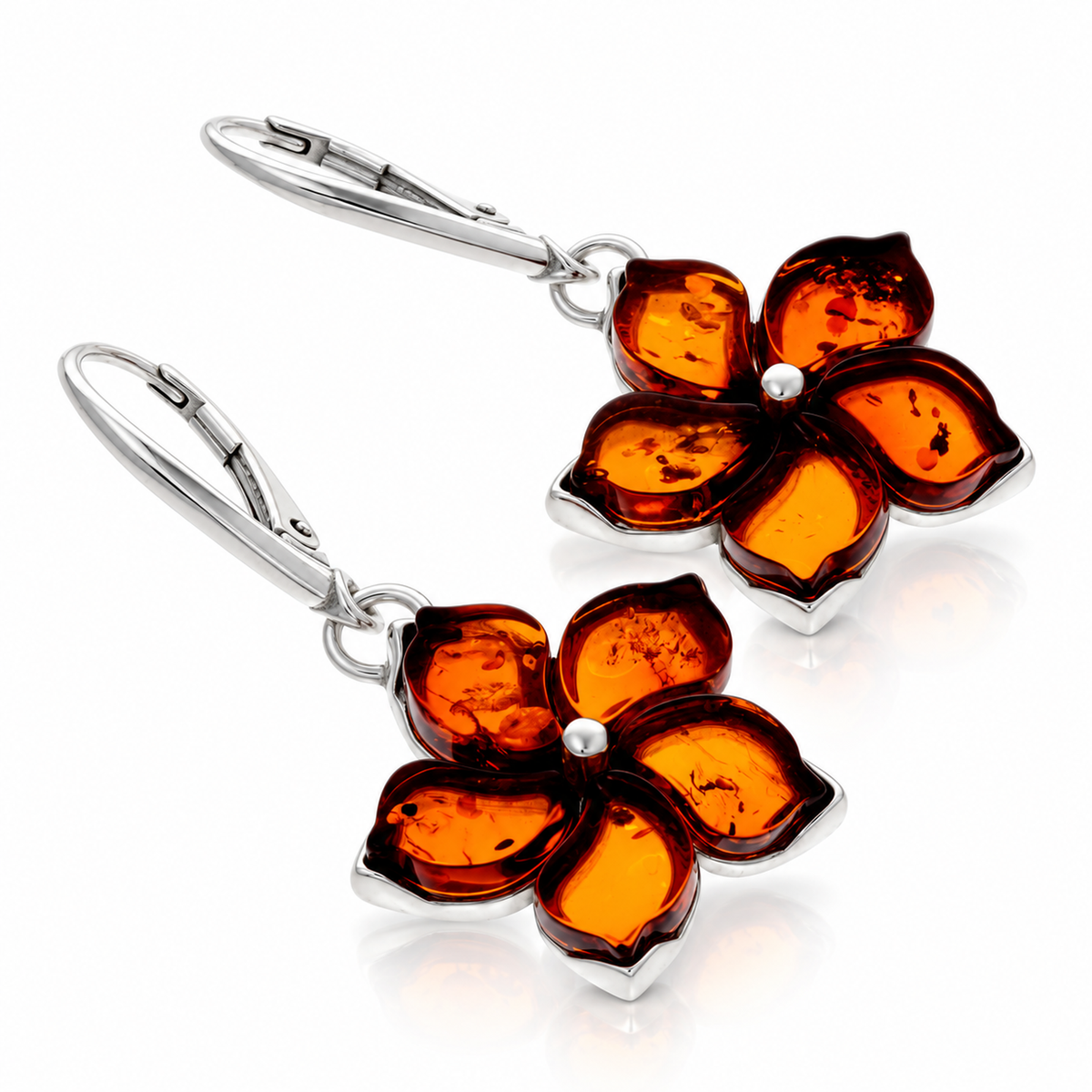 925 Sterling Silver & Genuine Baltic Amber Five-Petal Flower Dangle Earrings - BT004