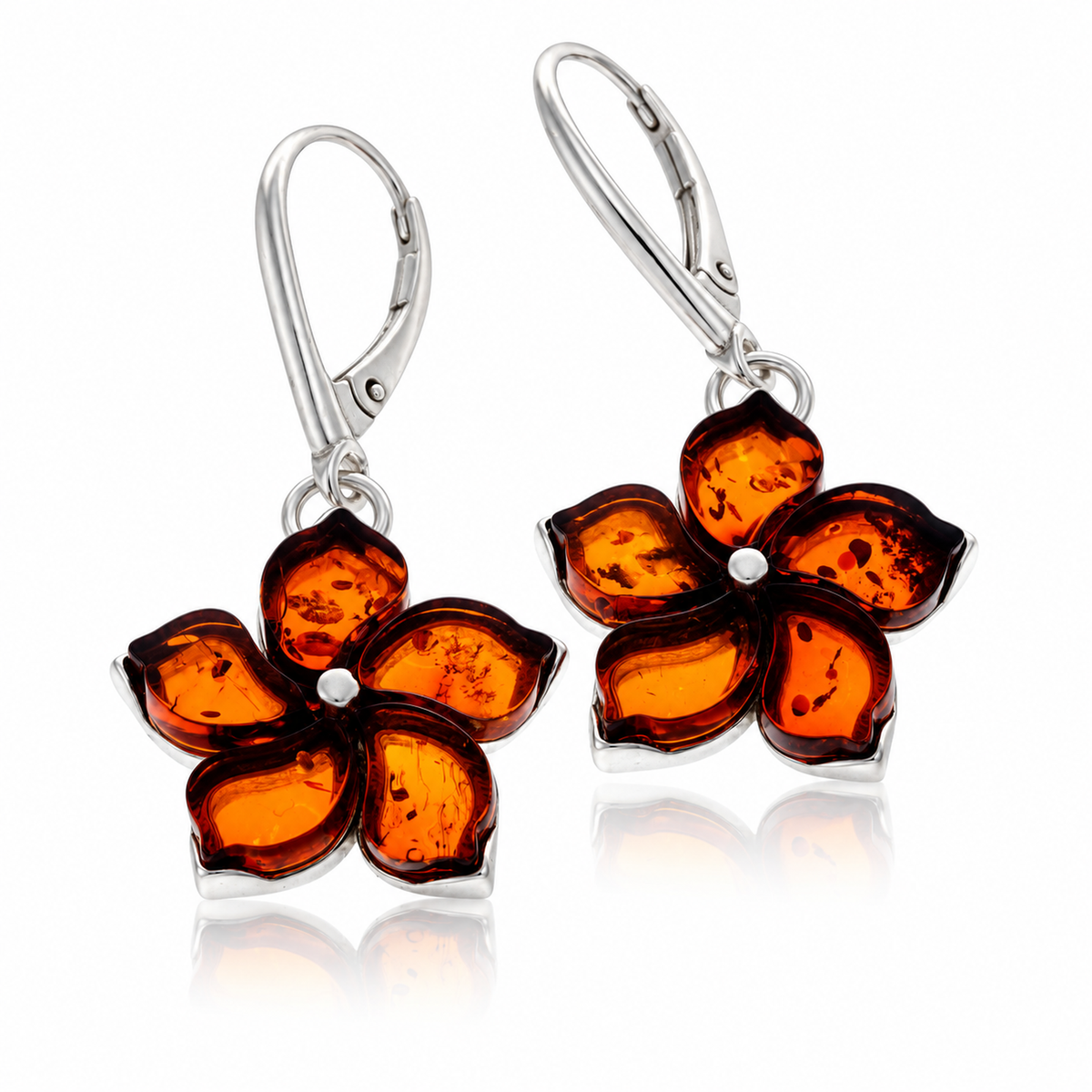 925 Sterling Silver & Genuine Baltic Amber Five-Petal Flower Dangle Earrings - BT004