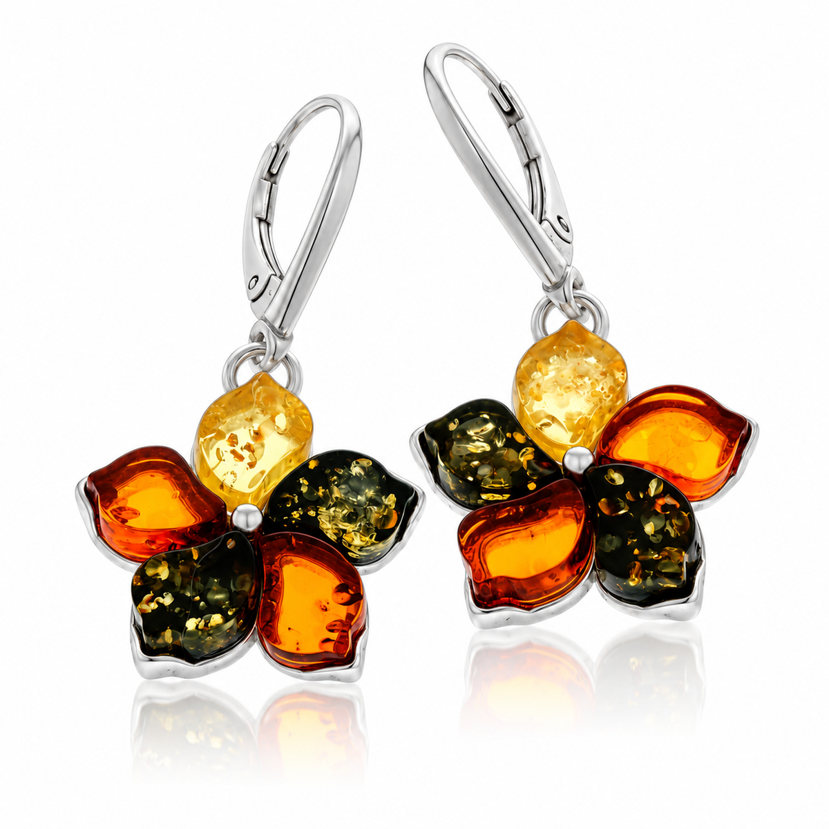 925 Sterling Silver & Genuine Baltic Amber Five-Petal Flower Dangle Earrings - BT004