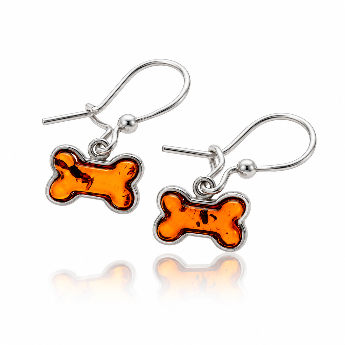925 Sterling Silver & Genuine Baltic Amber Dog Bone Dangle Earrings - BT005