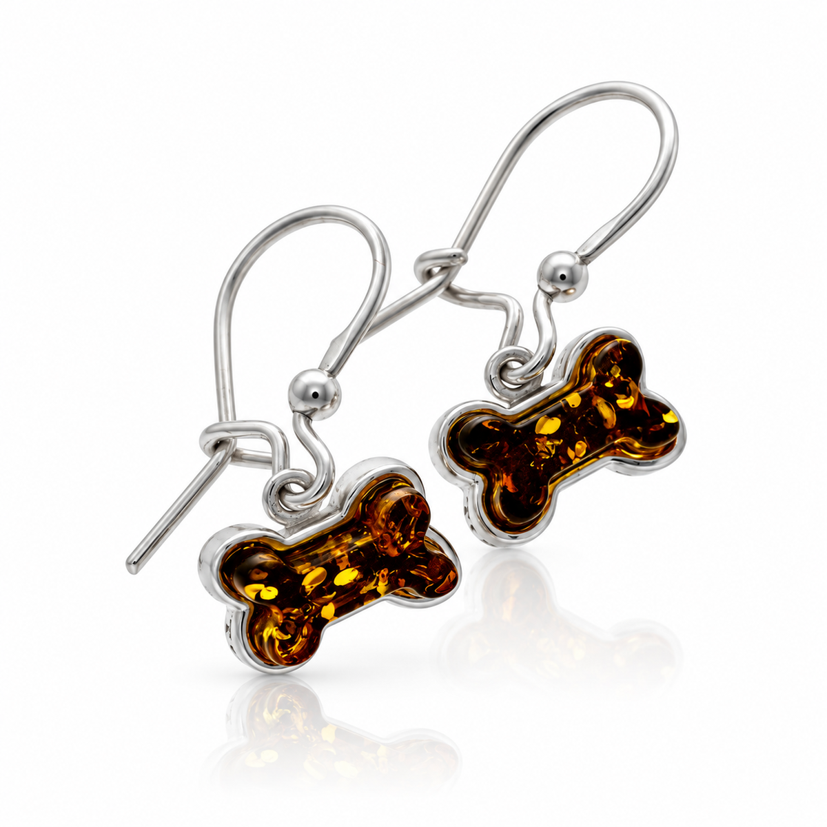 925 Sterling Silver & Genuine Baltic Amber Dog Bone Dangle Earrings - BT005