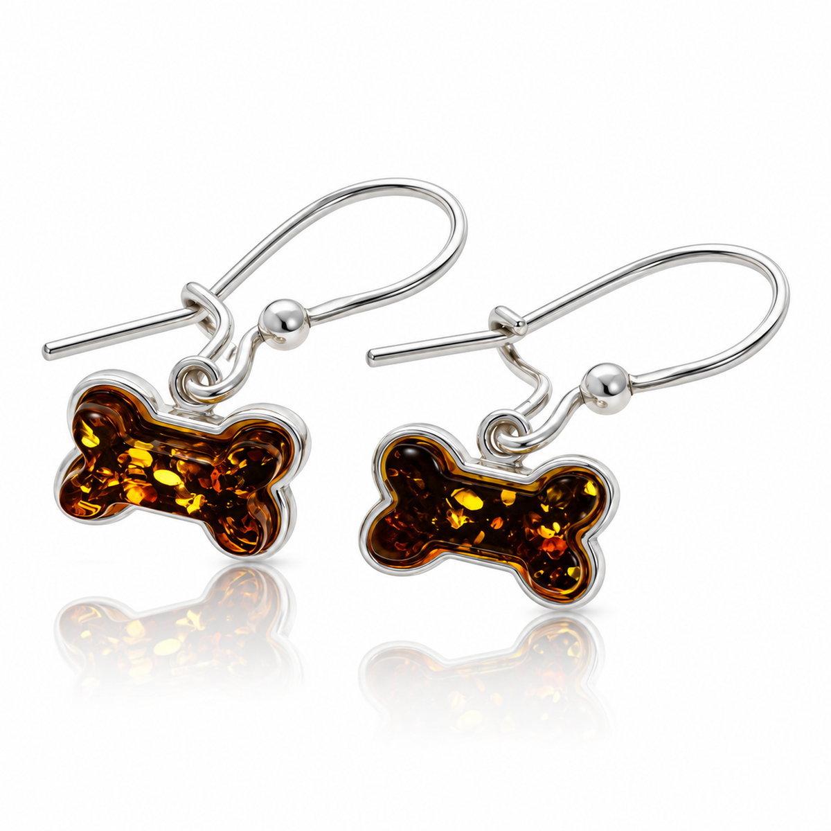 925 Sterling Silver & Genuine Baltic Amber Dog Bone Dangle Earrings - BT005