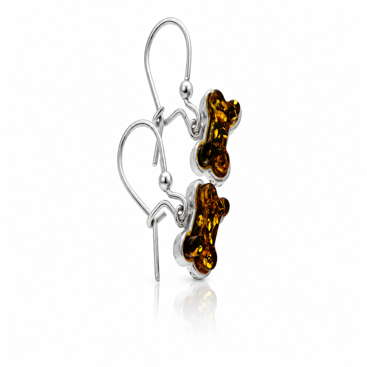 925 Sterling Silver & Genuine Baltic Amber Dog Bone Dangle Earrings - BT005
