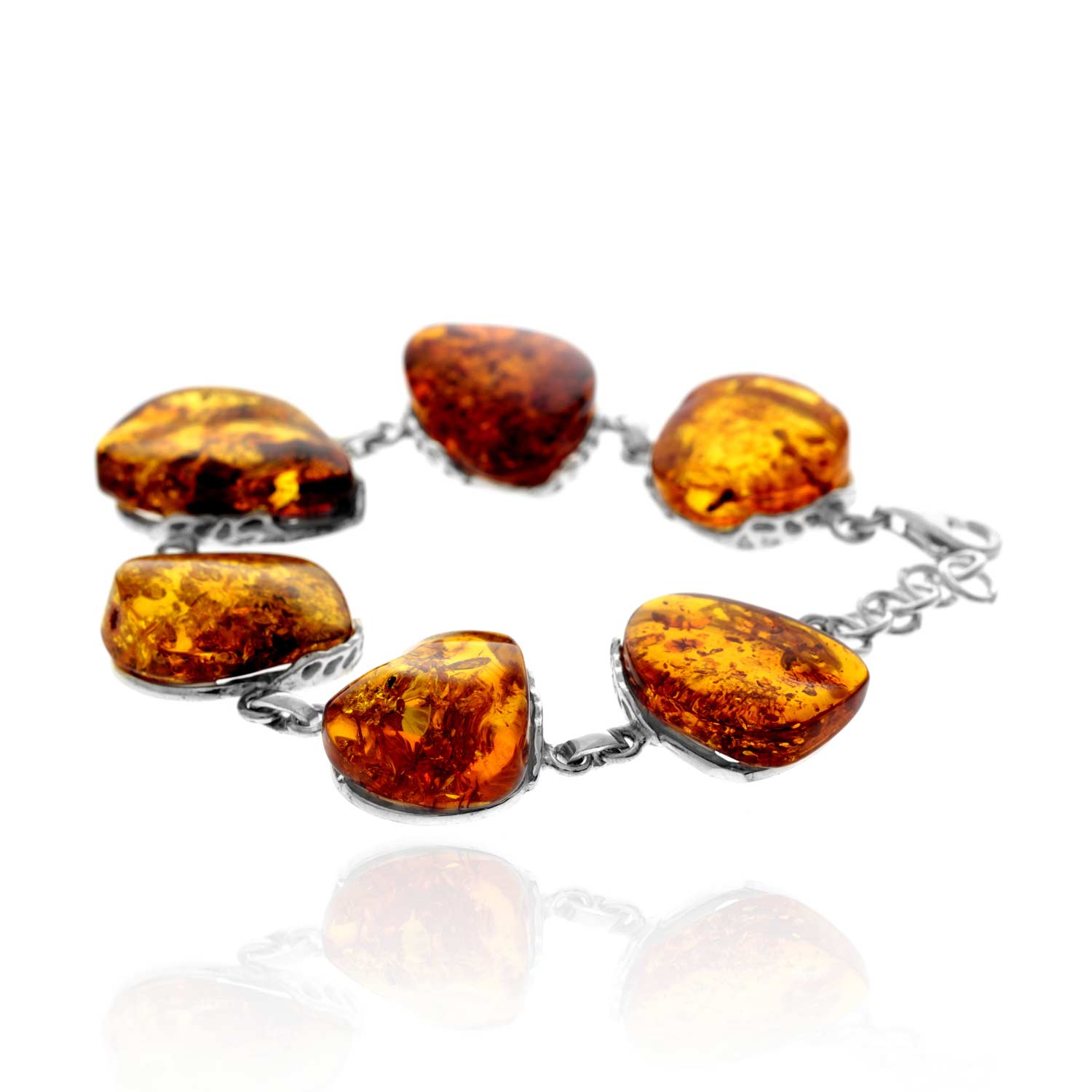 925 Sterling Silver & Genuine Cognac Baltic Amber Exclusive Unique Link Bracelet - BT0201