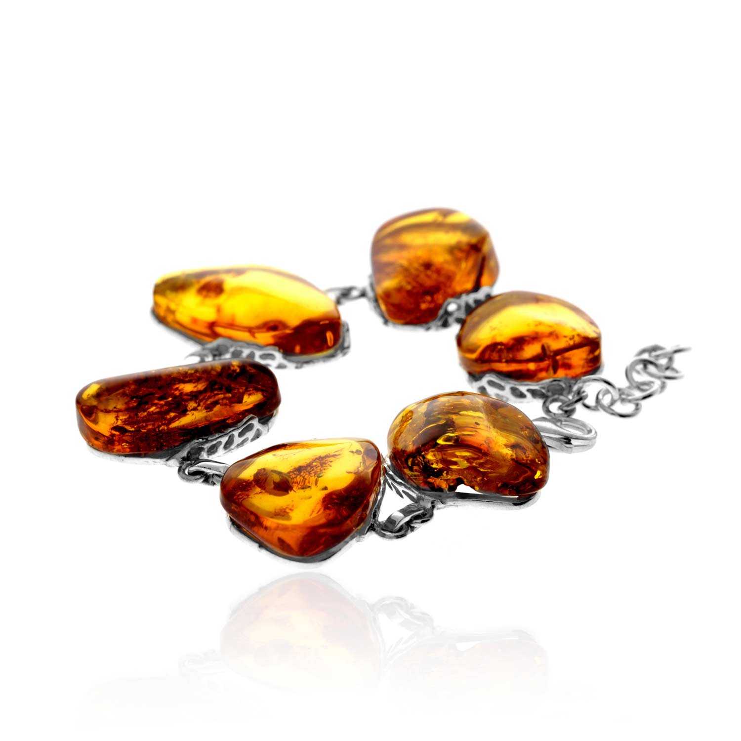 925 Sterling Silver & Genuine Cognac Baltic Amber Exclusive Unique Link Bracelet - BT0202
