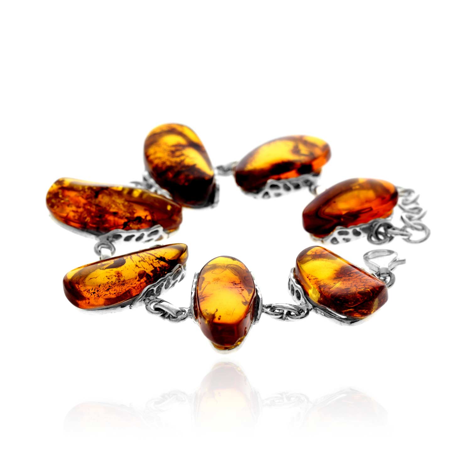 925 Sterling Silver & Genuine Cognac Baltic Amber Exclusive Unique Link Bracelet - BT0203