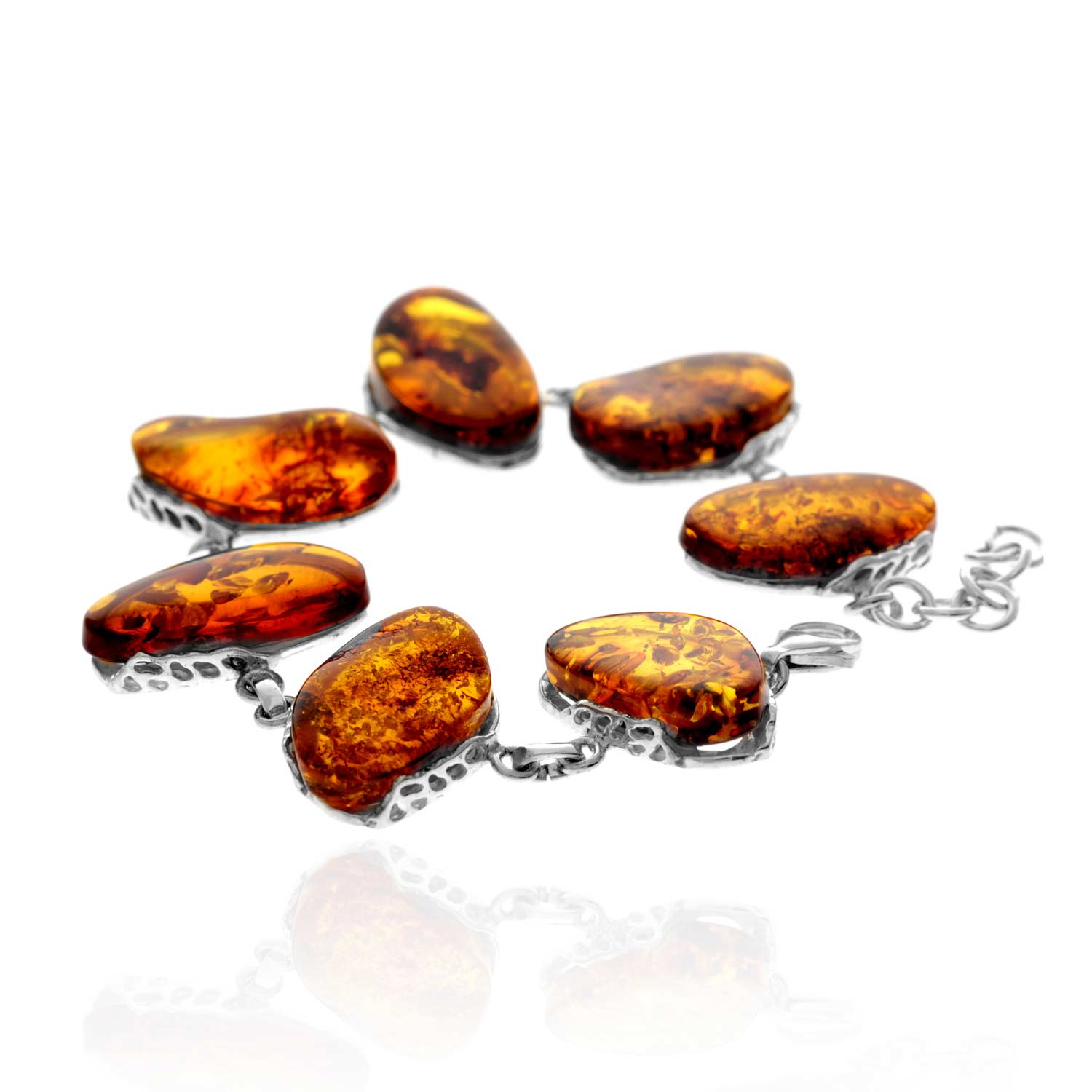 925 Sterling Silver & Genuine Cognac Baltic Amber Exclusive Unique Link Bracelet - BT0204