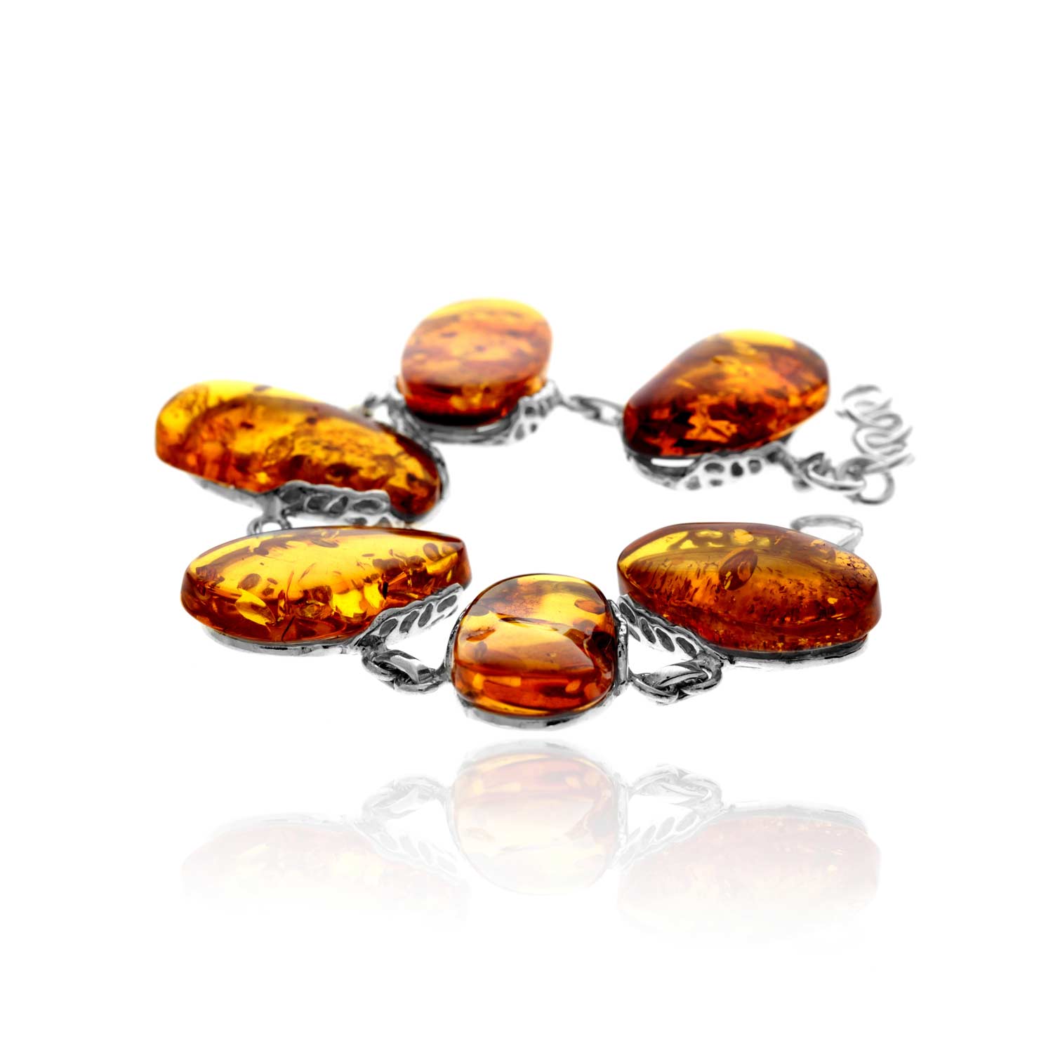 925 Sterling Silver & Genuine Cognac Baltic Amber Exclusive Unique Link Bracelet - BT0205