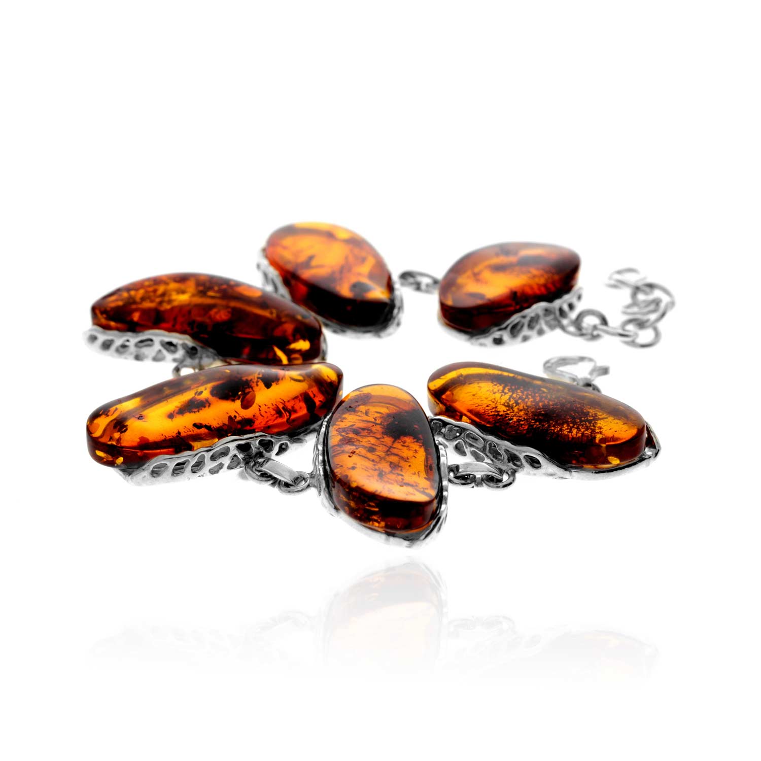 925 Sterling Silver & Genuine Cognac Baltic Amber Exclusive Unique Link Bracelet - BT0206