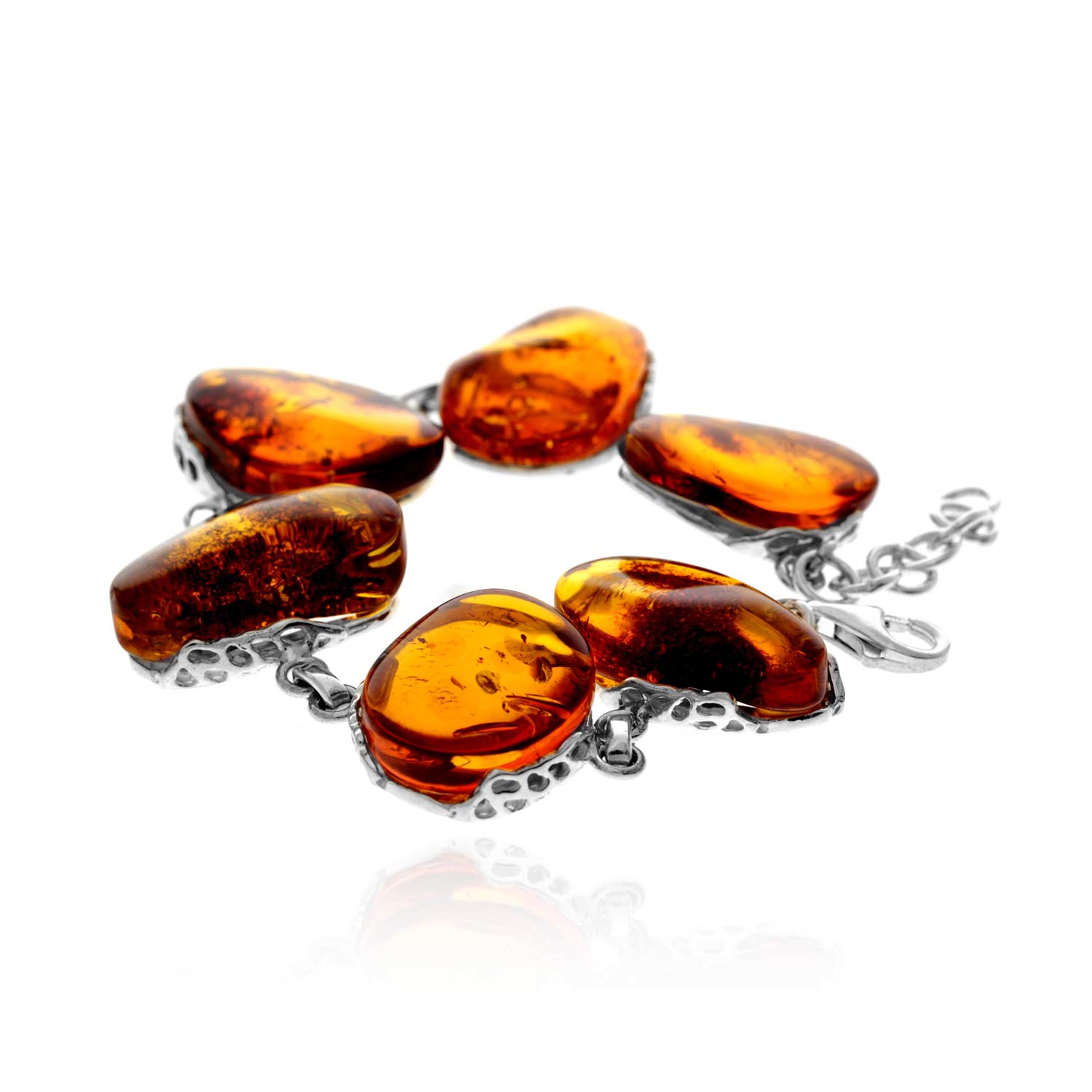 925 Sterling Silver & Genuine Cognac Baltic Amber Exclusive Unique Link Bracelet - BT0207