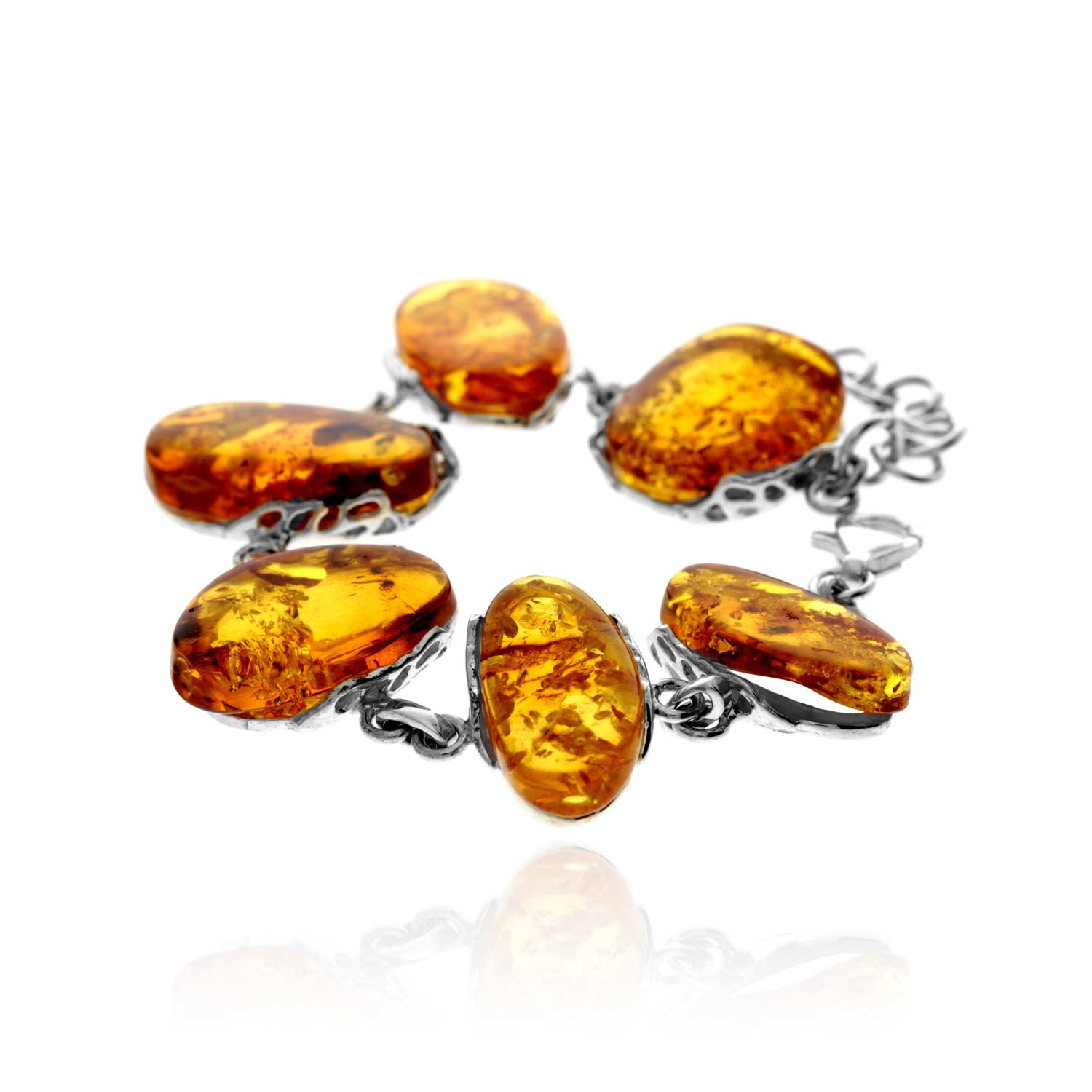 925 Sterling Silver & Genuine Cognac Baltic Amber Exclusive Unique Link Bracelet - BT0208