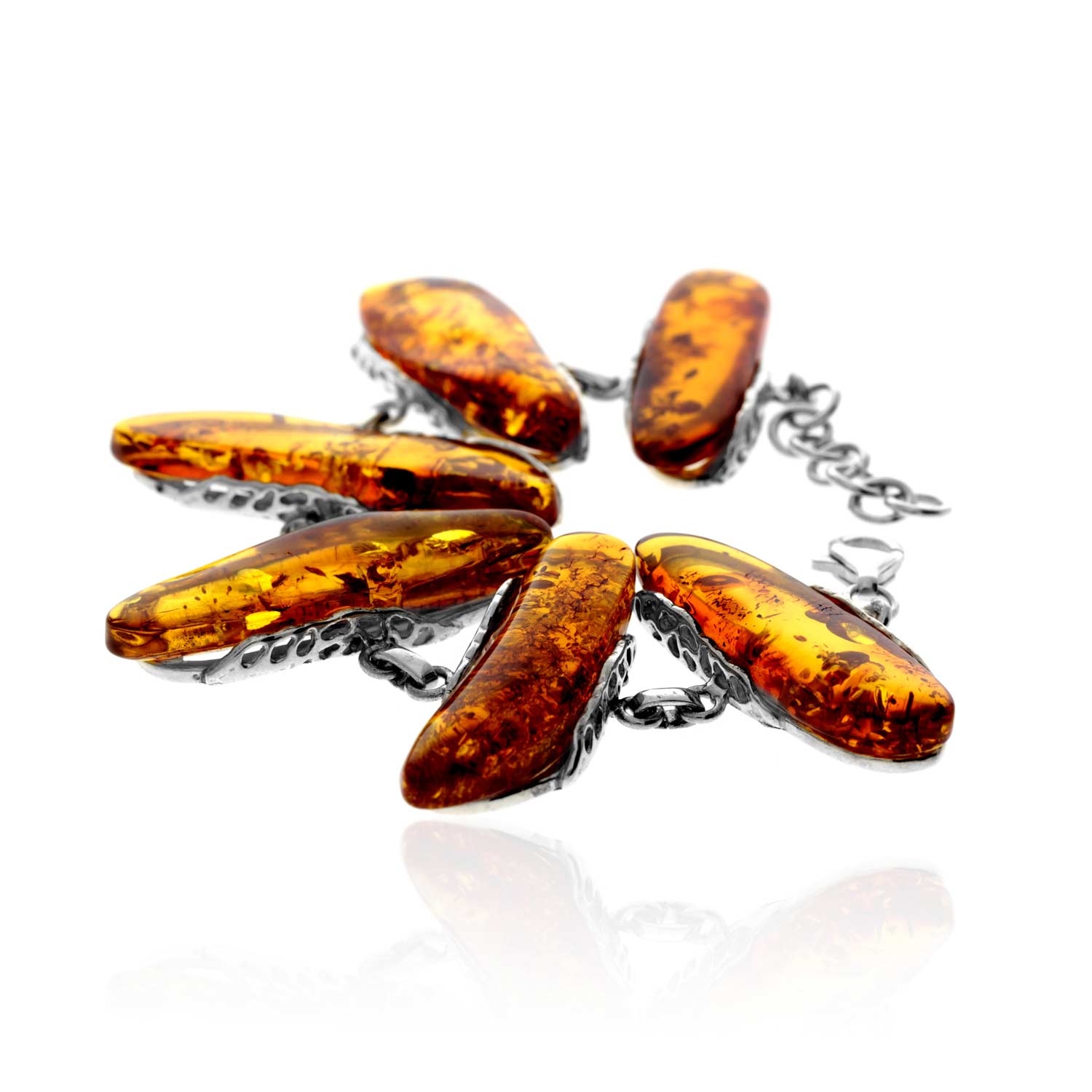 925 Sterling Silver & Genuine Cognac Baltic Amber Exclusive Unique Link Bracelet - BT0209