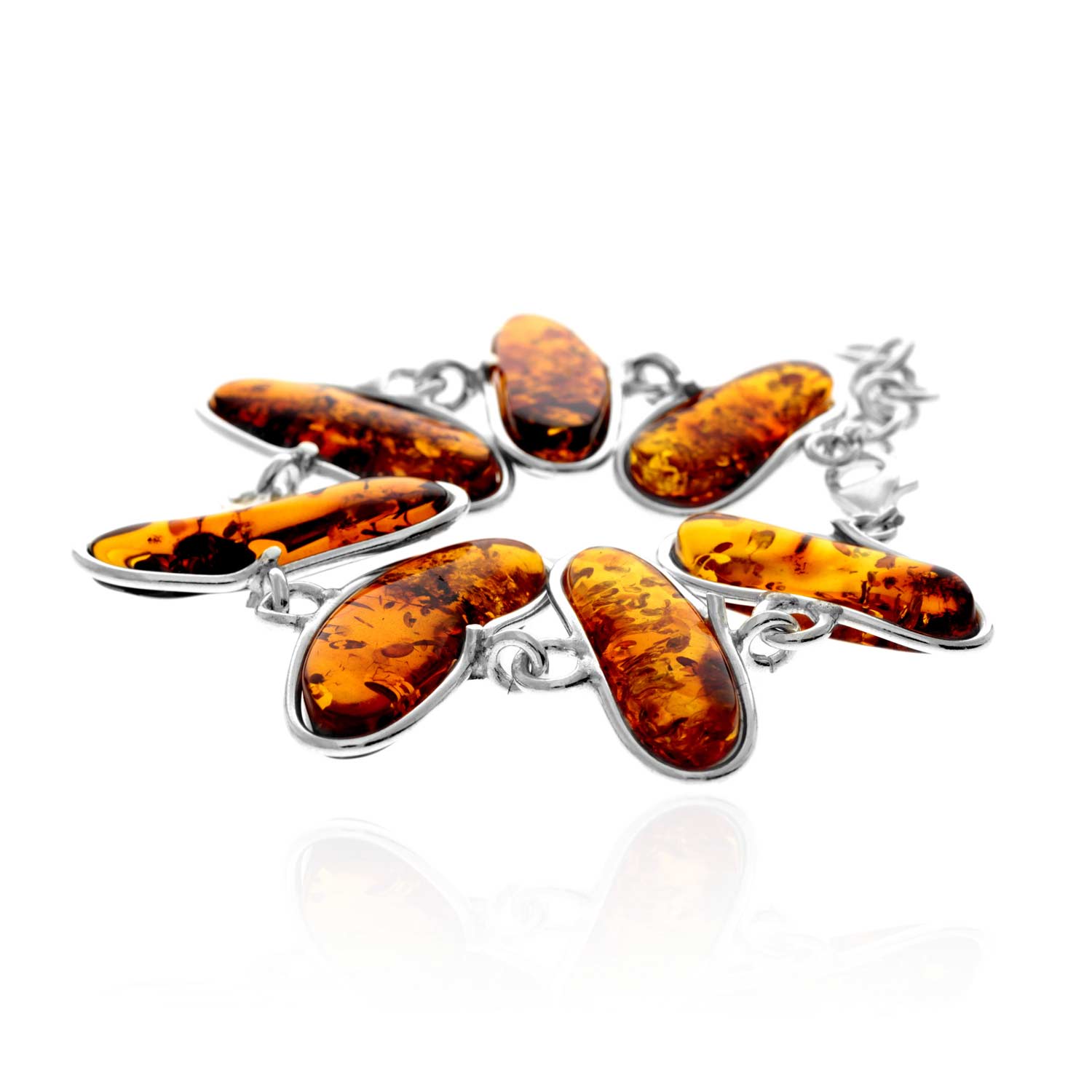 925 Sterling Silver & Genuine Cognac Baltic Amber Exclusive Unique Link Bracelet - BT0210