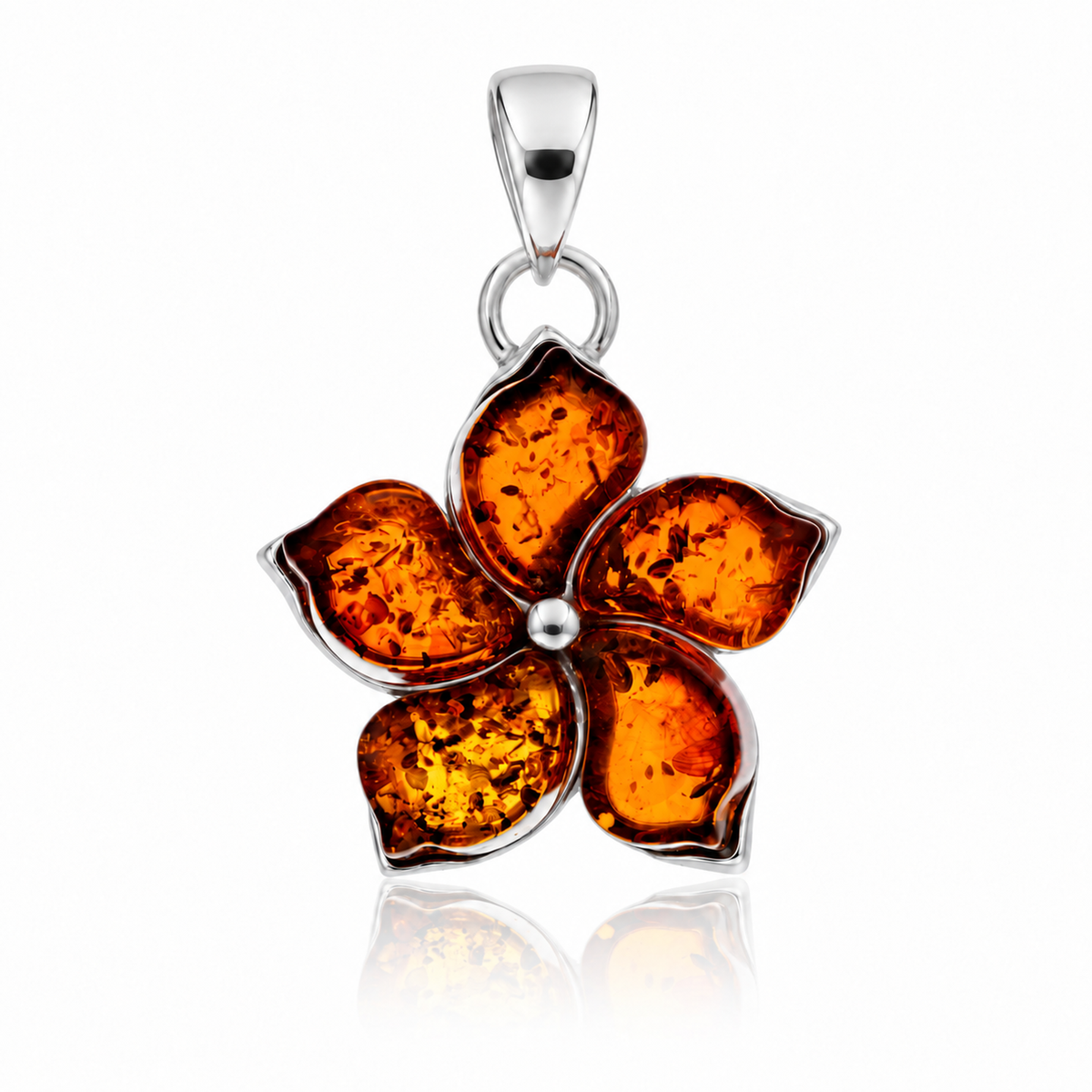 925 Sterling Silver & Genuine Baltic Amber Five-Petal Flower Pendant - BT204