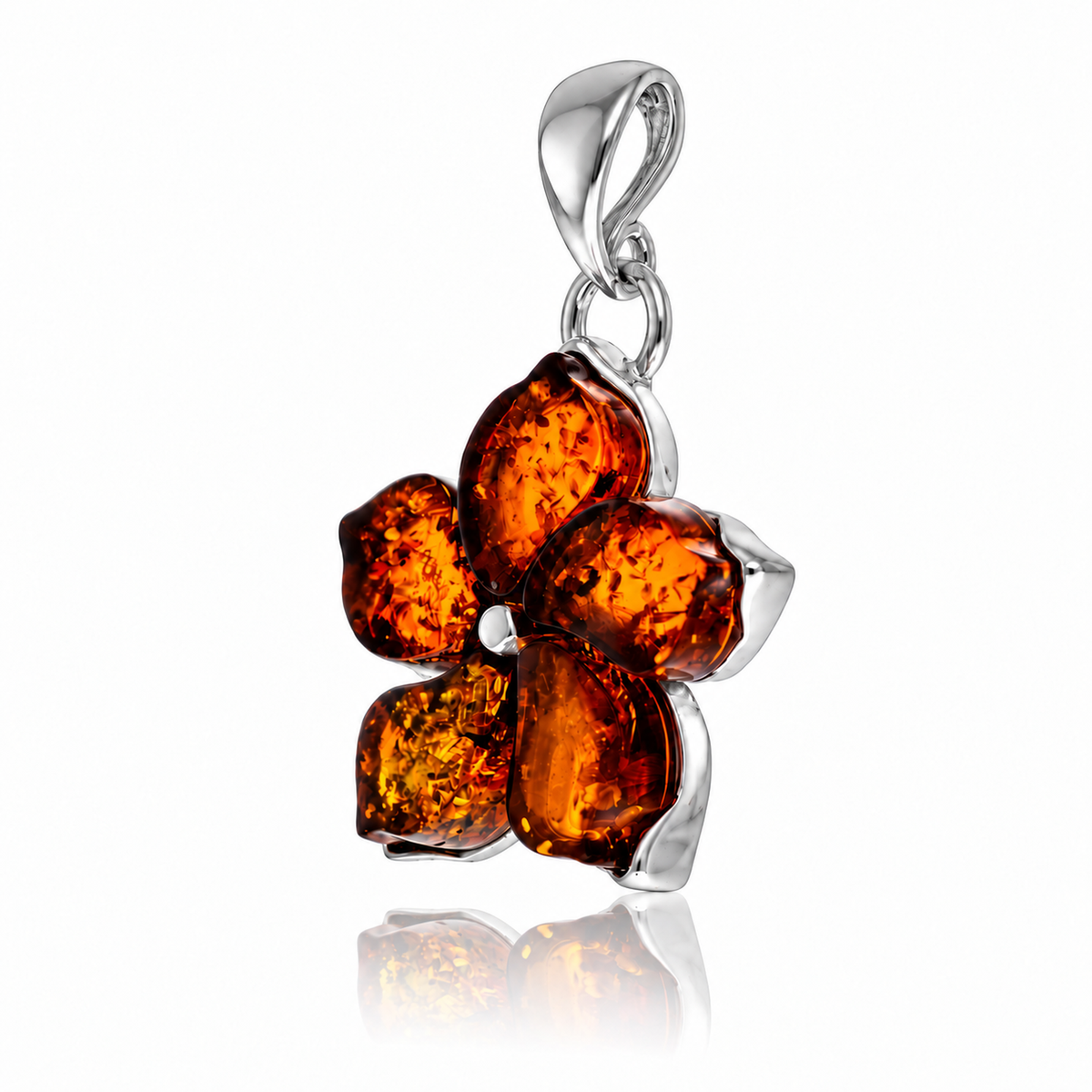 925 Sterling Silver & Genuine Baltic Amber Five-Petal Flower Pendant - BT204