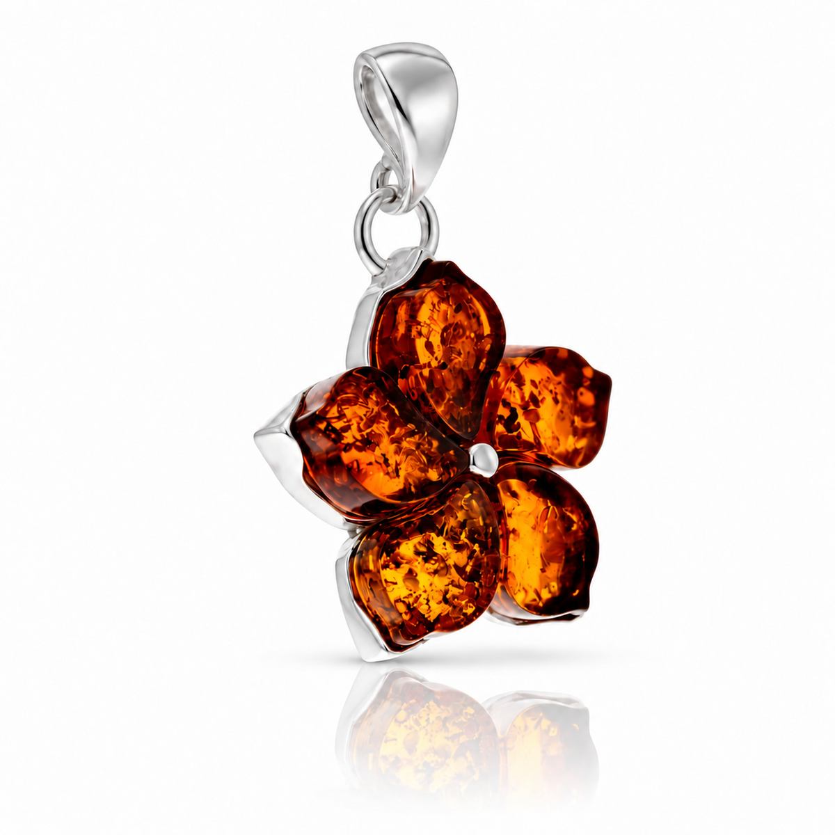 925 Sterling Silver & Genuine Baltic Amber Five-Petal Flower Pendant - BT204