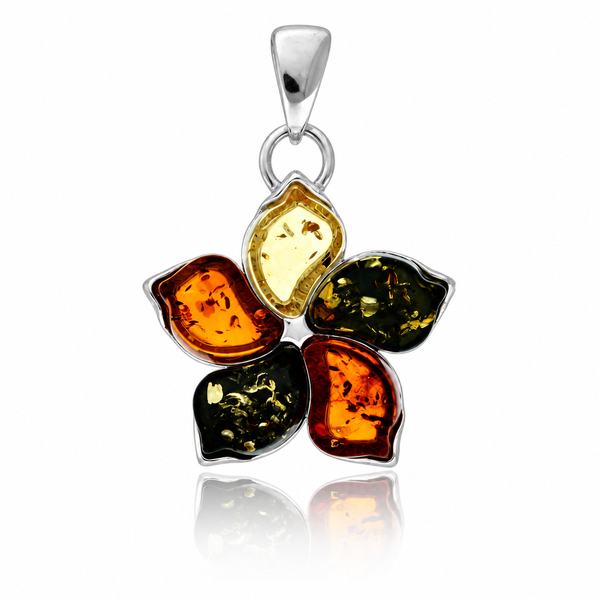 925 Sterling Silver & Genuine Baltic Amber Five-Petal Flower Pendant - BT204