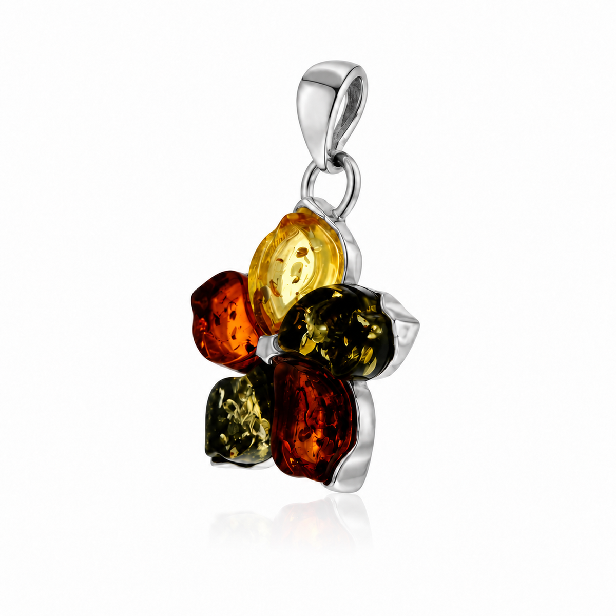 925 Sterling Silver & Genuine Baltic Amber Five-Petal Flower Pendant - BT204