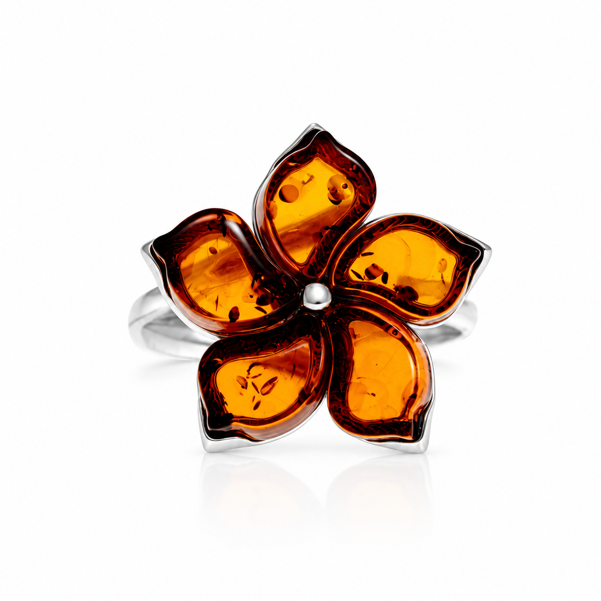 925 Sterling Silver & Genuine Baltic Amber Five-Petal Flower Adjustable Ring - BT400