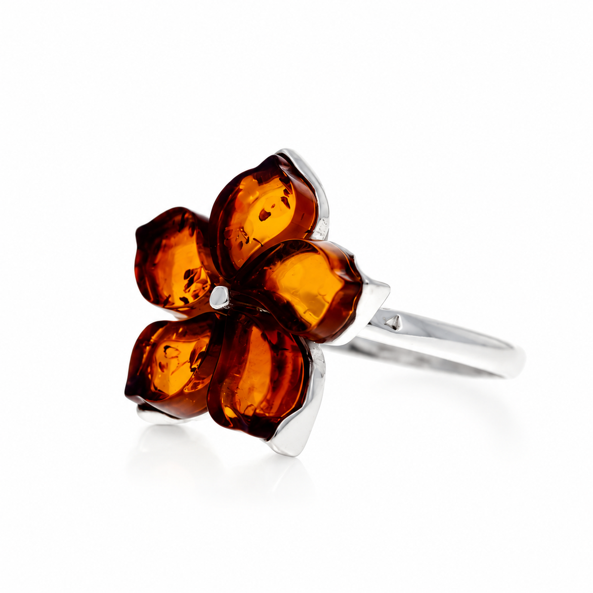 925 Sterling Silver & Genuine Baltic Amber Five-Petal Flower Adjustable Ring - BT400