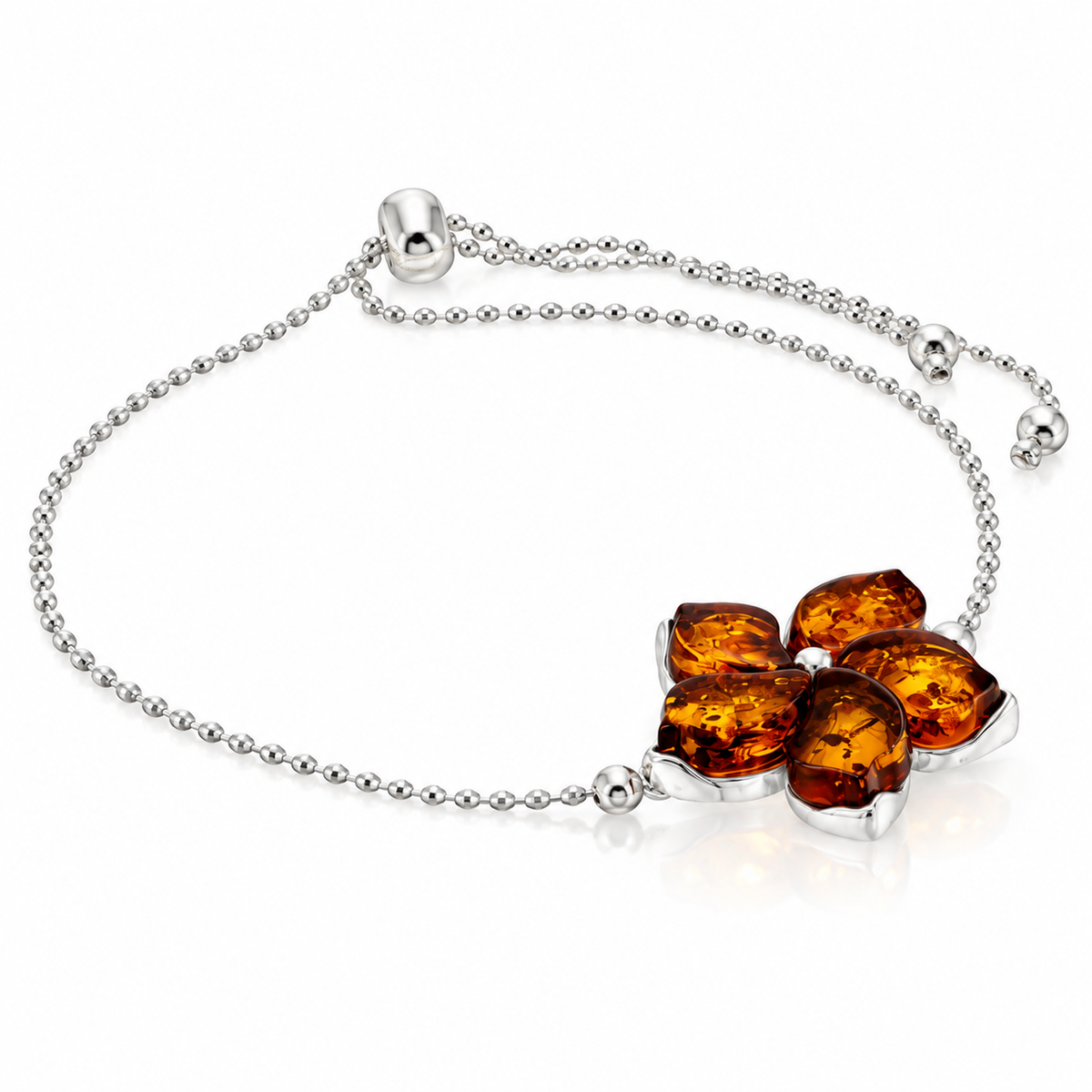 925 Sterling Silver & Genuine Baltic Amber Five-Petal Flower Adjustable Bracelet - BT500