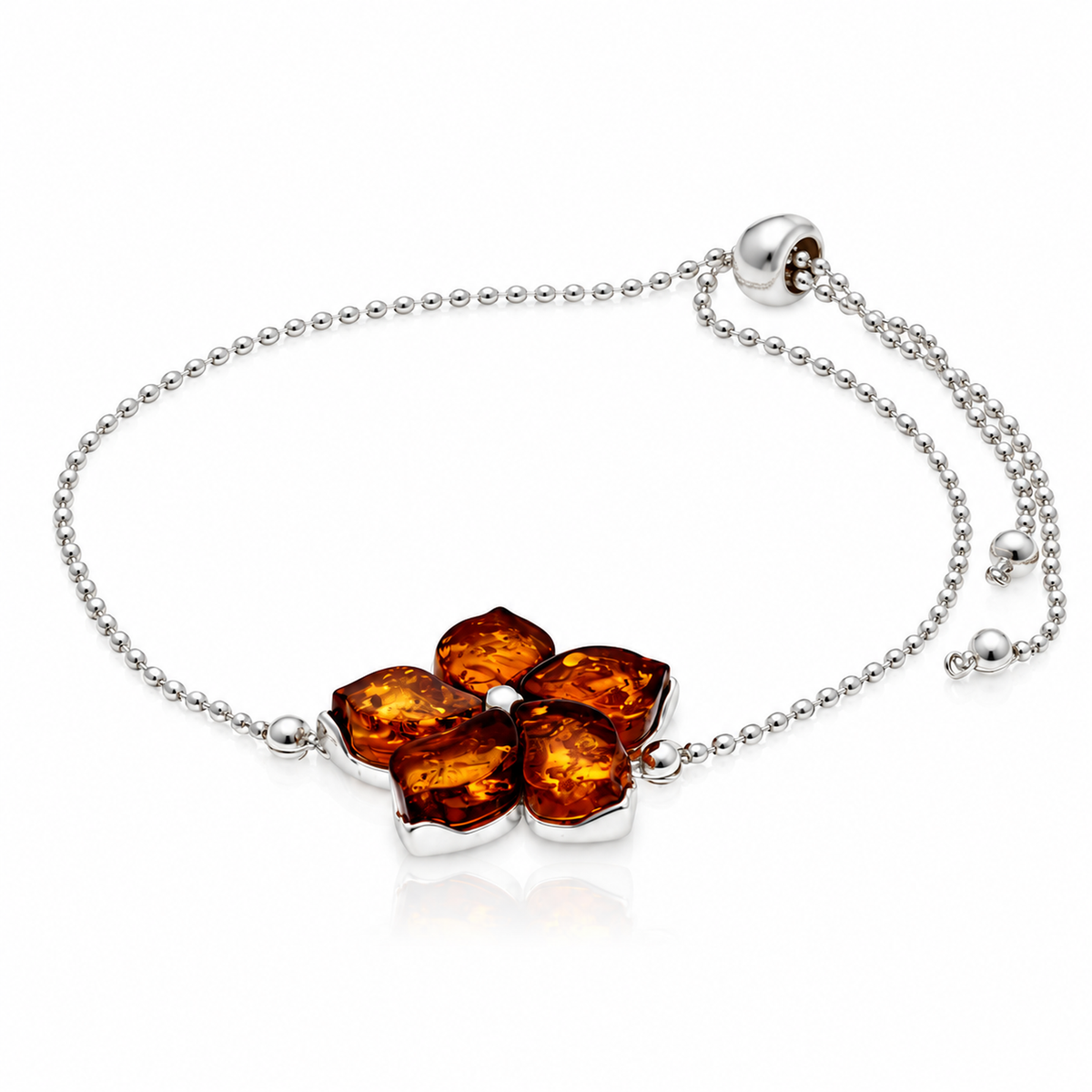 925 Sterling Silver & Genuine Baltic Amber Five-Petal Flower Adjustable Bracelet - BT500