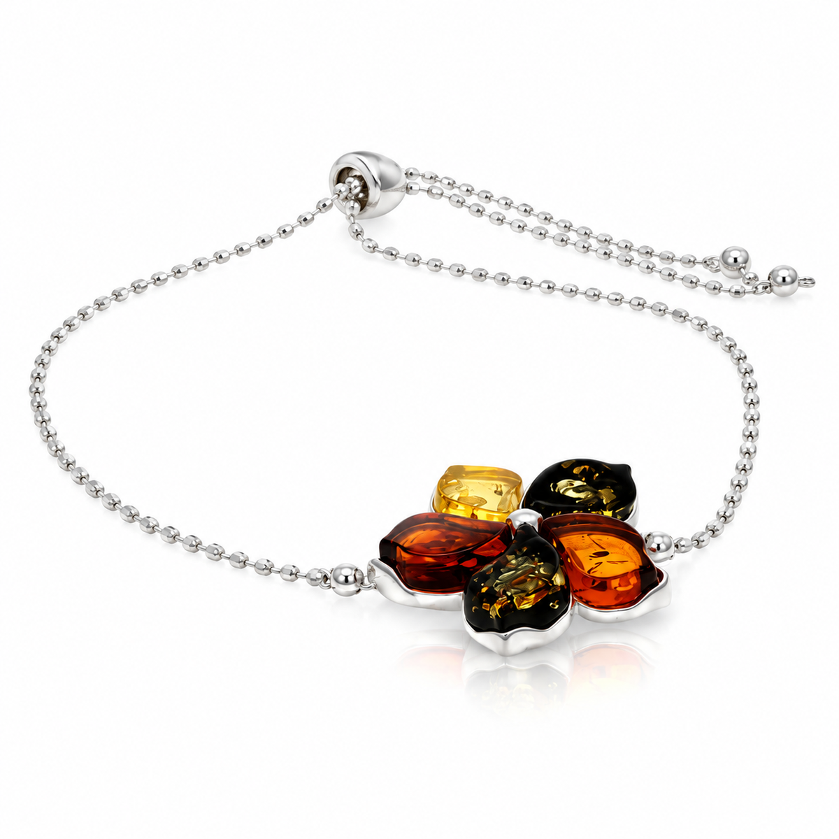 925 Sterling Silver & Genuine Baltic Amber Five-Petal Flower Adjustable Bracelet - BT500