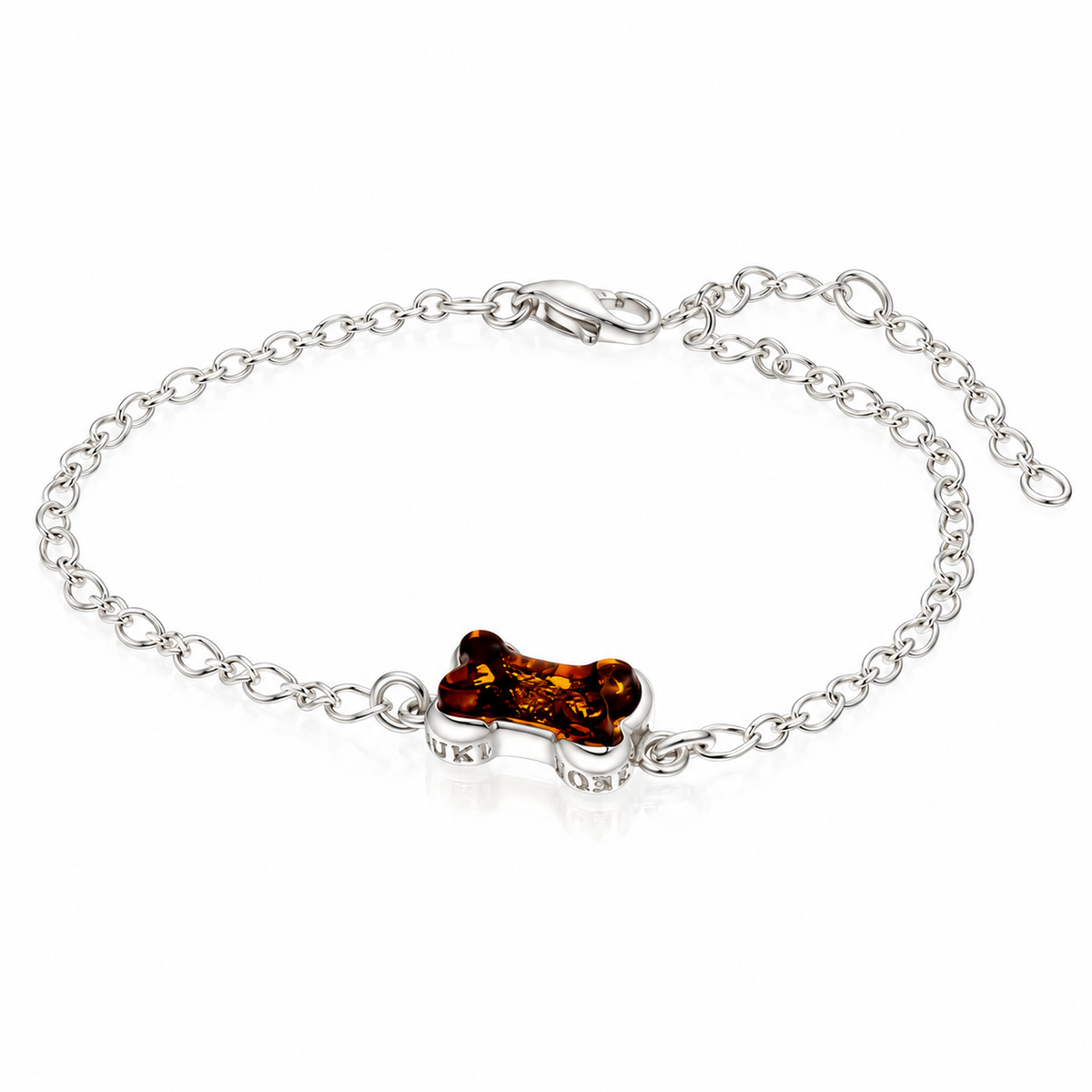925 Sterling Silver & Genuine Baltic Amber Dog Bone Adjustable Bracelet - BT501