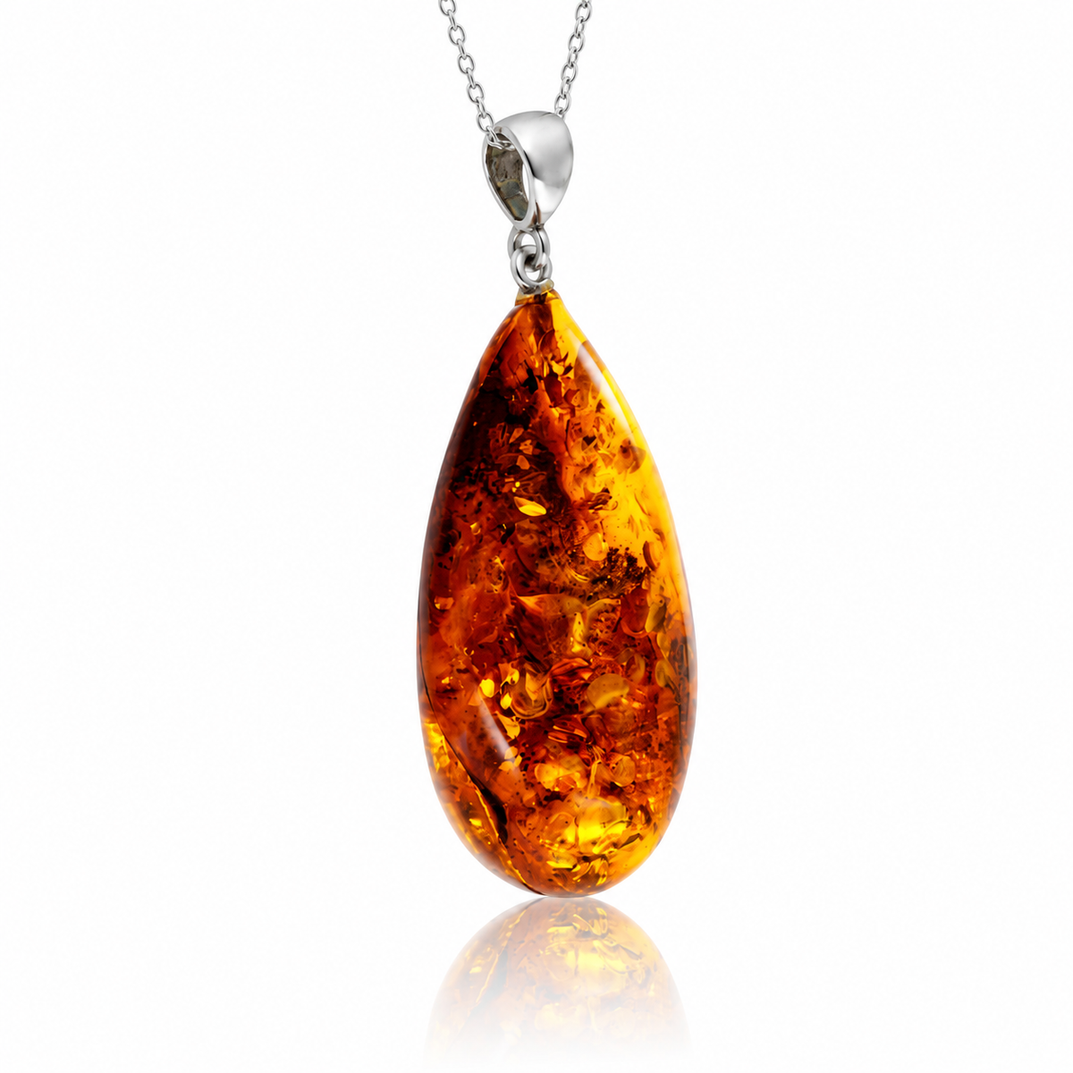 925 Sterling Silver & Genuine Cognac Baltic Amber Exlusive Unique Pendant - C-PD-124
