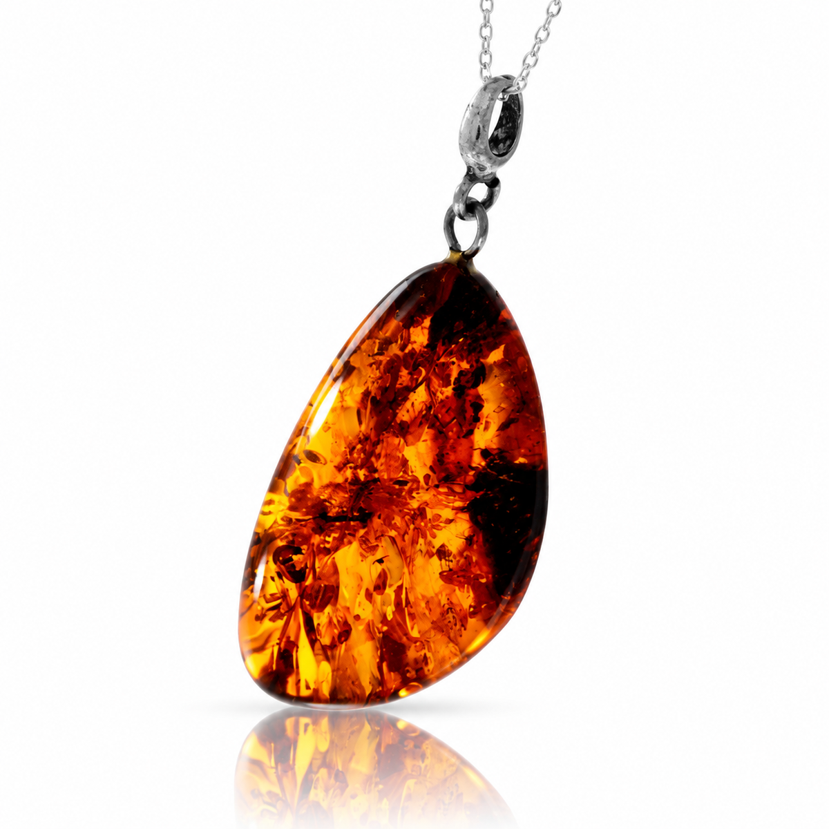925 Sterling Silver & Genuine Cognac Baltic Amber Exlusive Unique Pendant - C-PD-129