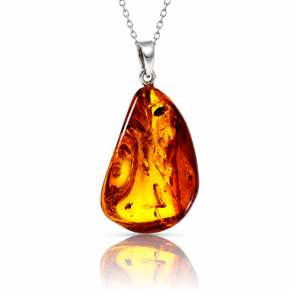 925 Sterling Silver & Genuine Cognac Baltic Amber Exlusive Unique Pendant - C-PD-130