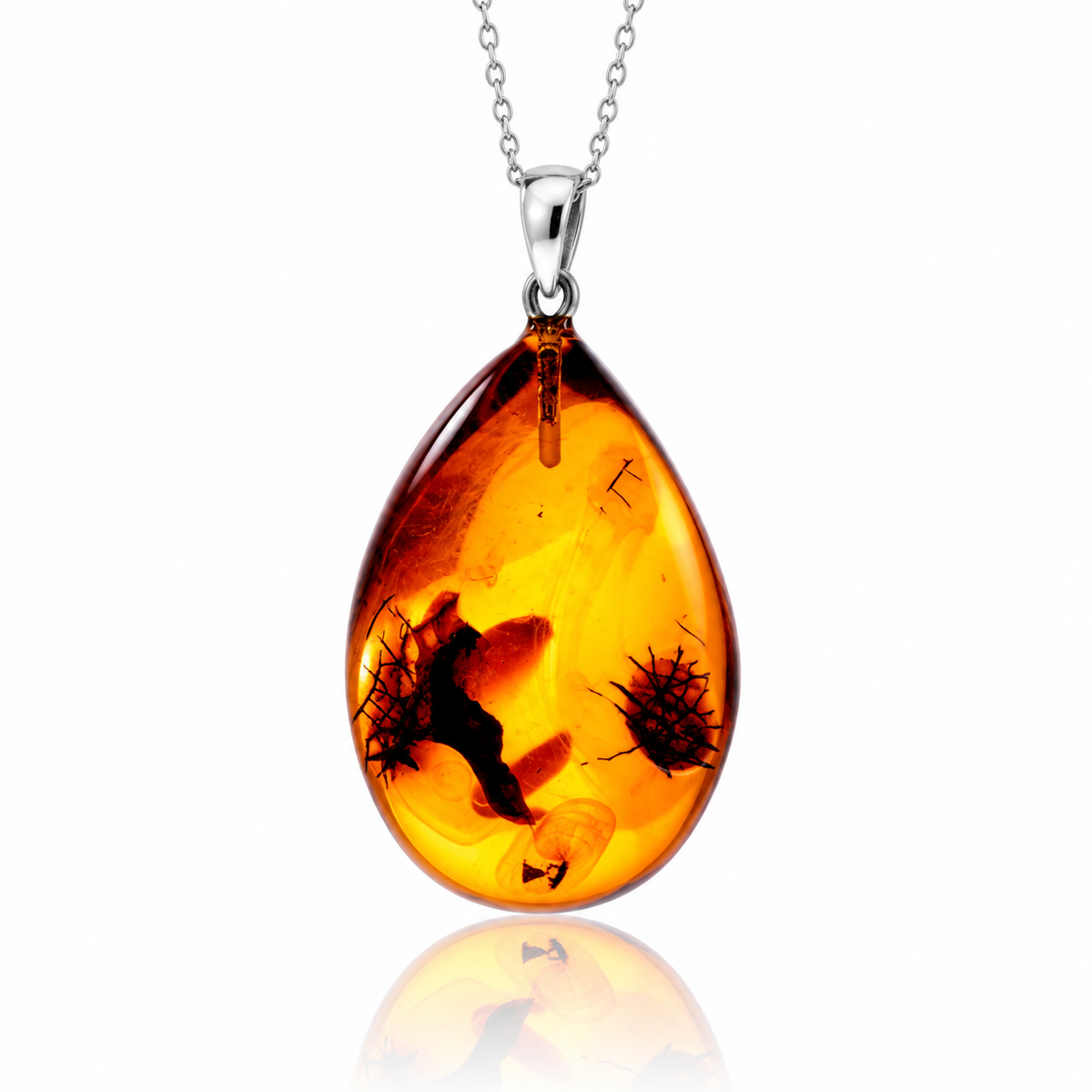 925 Sterling Silver & Genuine Cognac Baltic Amber Exlusive Unique Pendant - C-PD-135