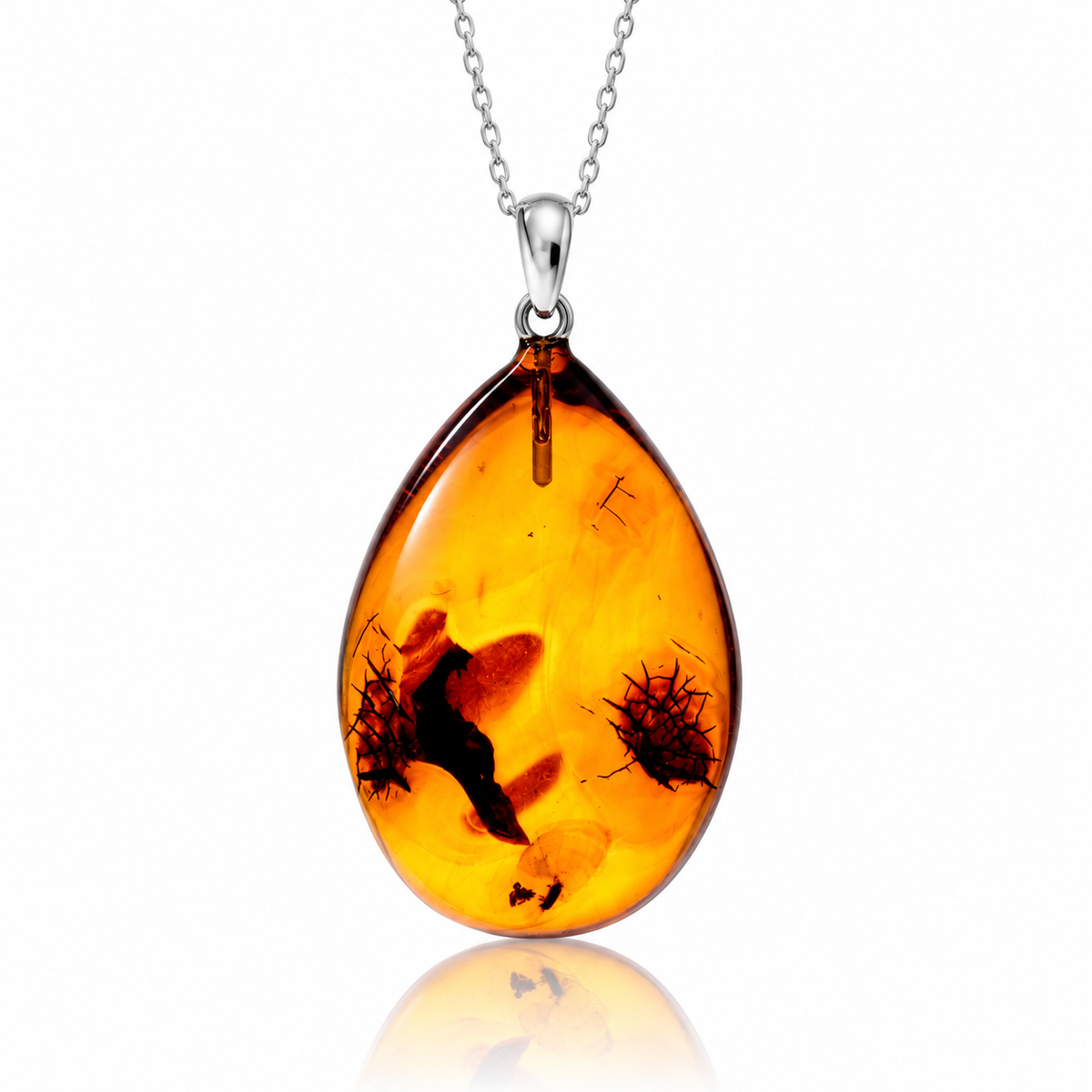 925 Sterling Silver & Genuine Cognac Baltic Amber Exlusive Unique Pendant - C-PD-135