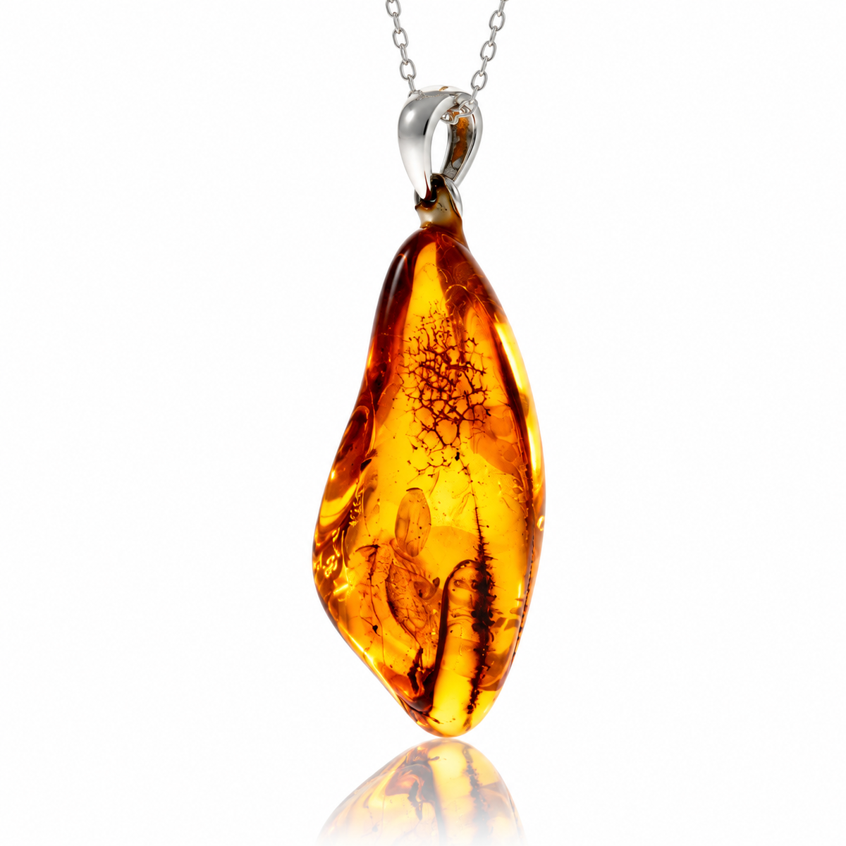 925 Sterling Silver & Genuine Cognac Baltic Amber Exlusive Unique Pendant - C-PD-146