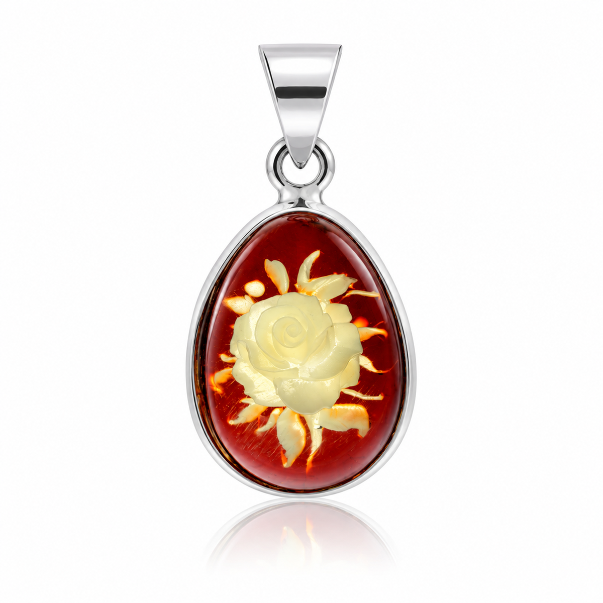 925 Sterling Silver & Genuine Baltic Amber Carved Rose Cameo Pendant - CMP001