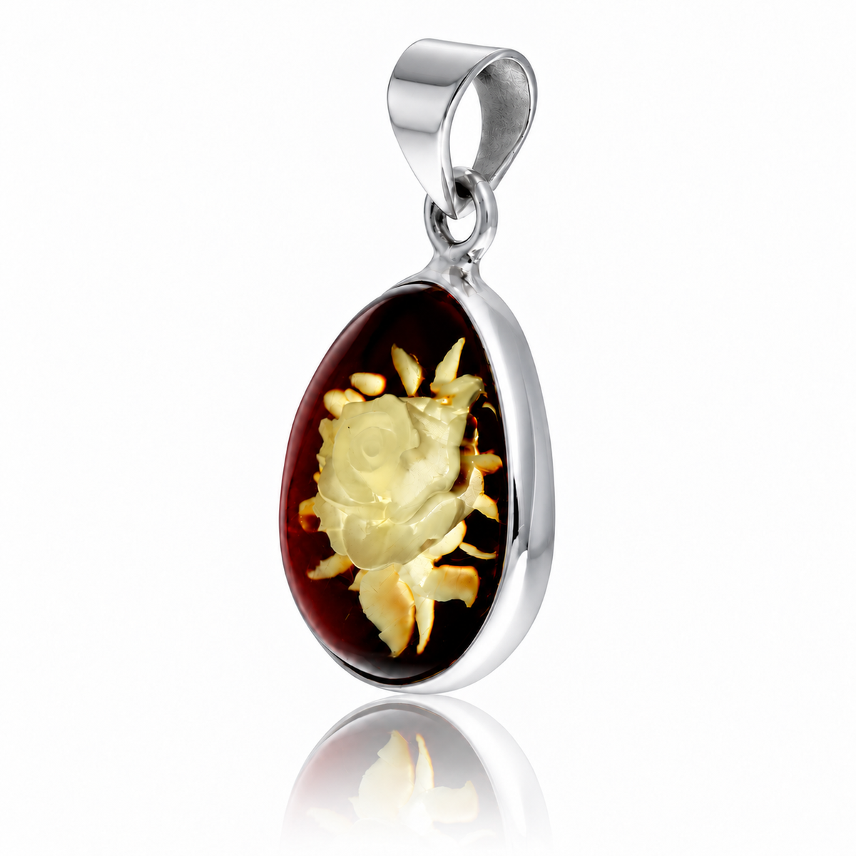 925 Sterling Silver & Genuine Baltic Amber Carved Rose Cameo Pendant - CMP001